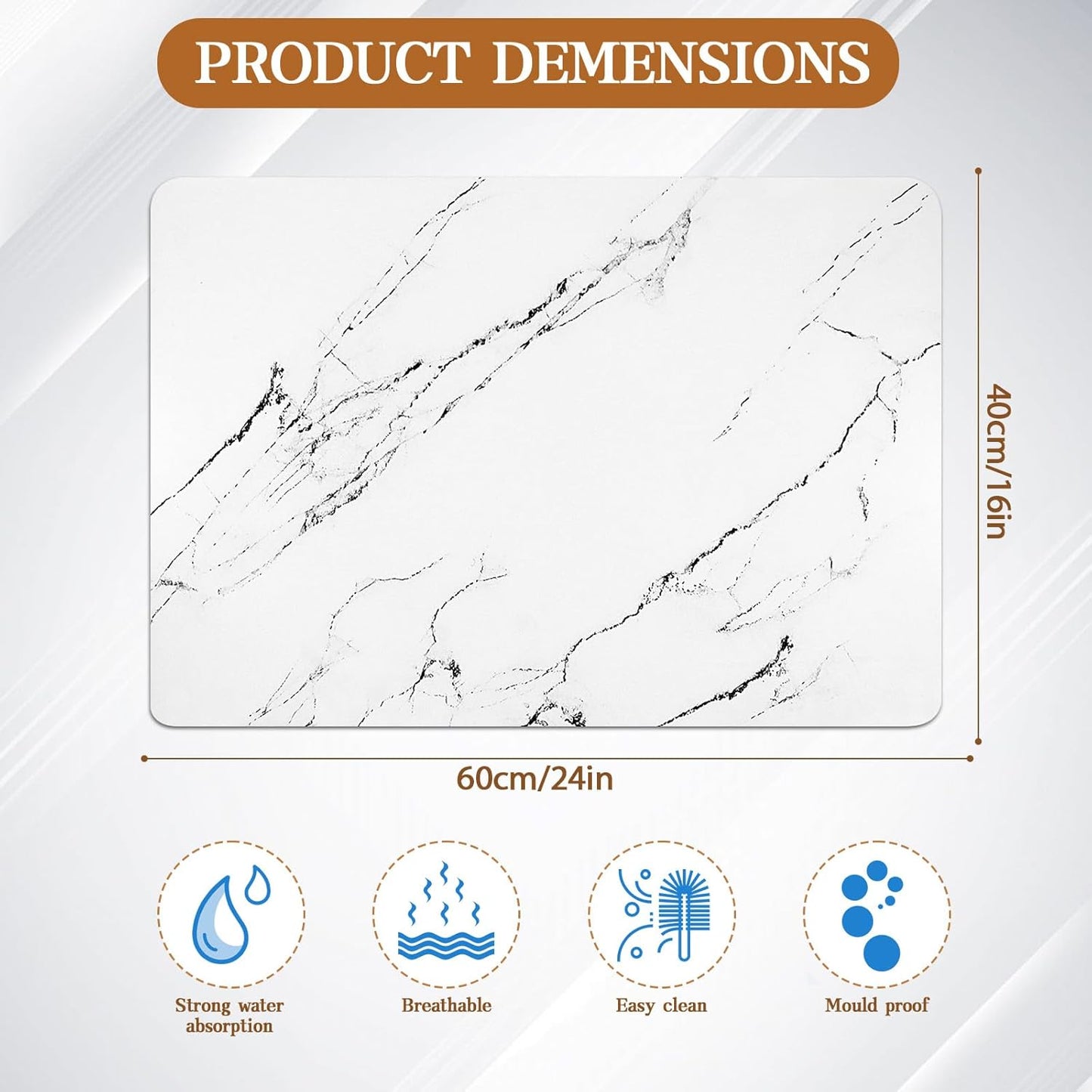 White Dish Drying Mat, 24"x16" Dish Draining Mat with Non-slip Rubber Backed, Absorbent Heat Resistant Dish Drying Mats for Kitchen Counter, Easy to Clean Coffee Machine Dish Rack Pad (White)