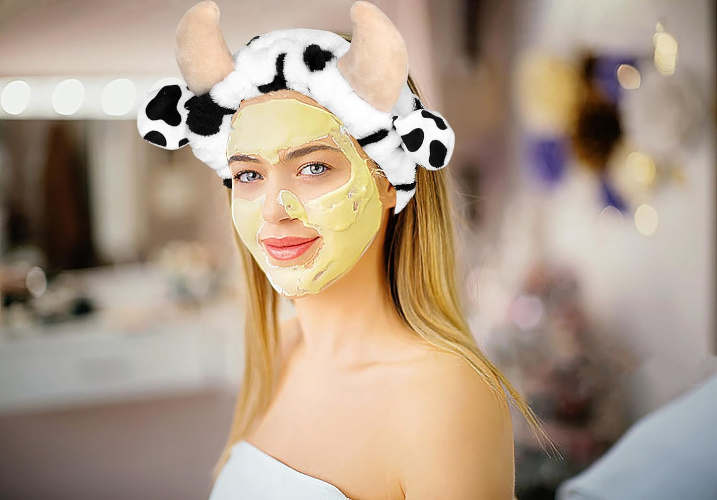 Women's Cow Print Spa Headband and Wristband Set for Washing Face (Cow print &Black)