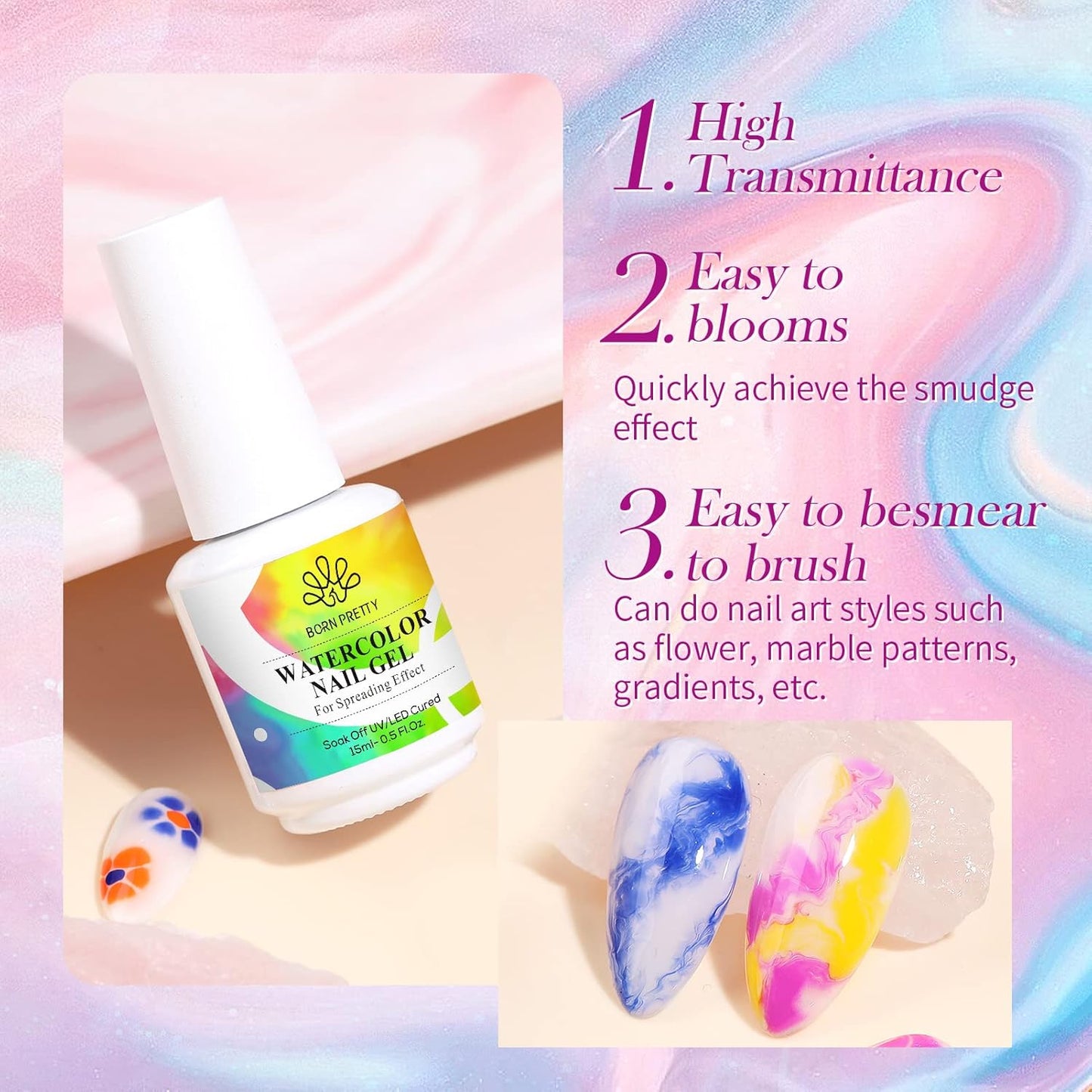 Born Pretty Nail Blooming Gel, 15ml Clear Clear U V Led Blossom Gel Polish for Spreading Effect Marble Natural Stone Watercolor Floral Print Nail Art DIY Design Manicure Valentine's Day Gift