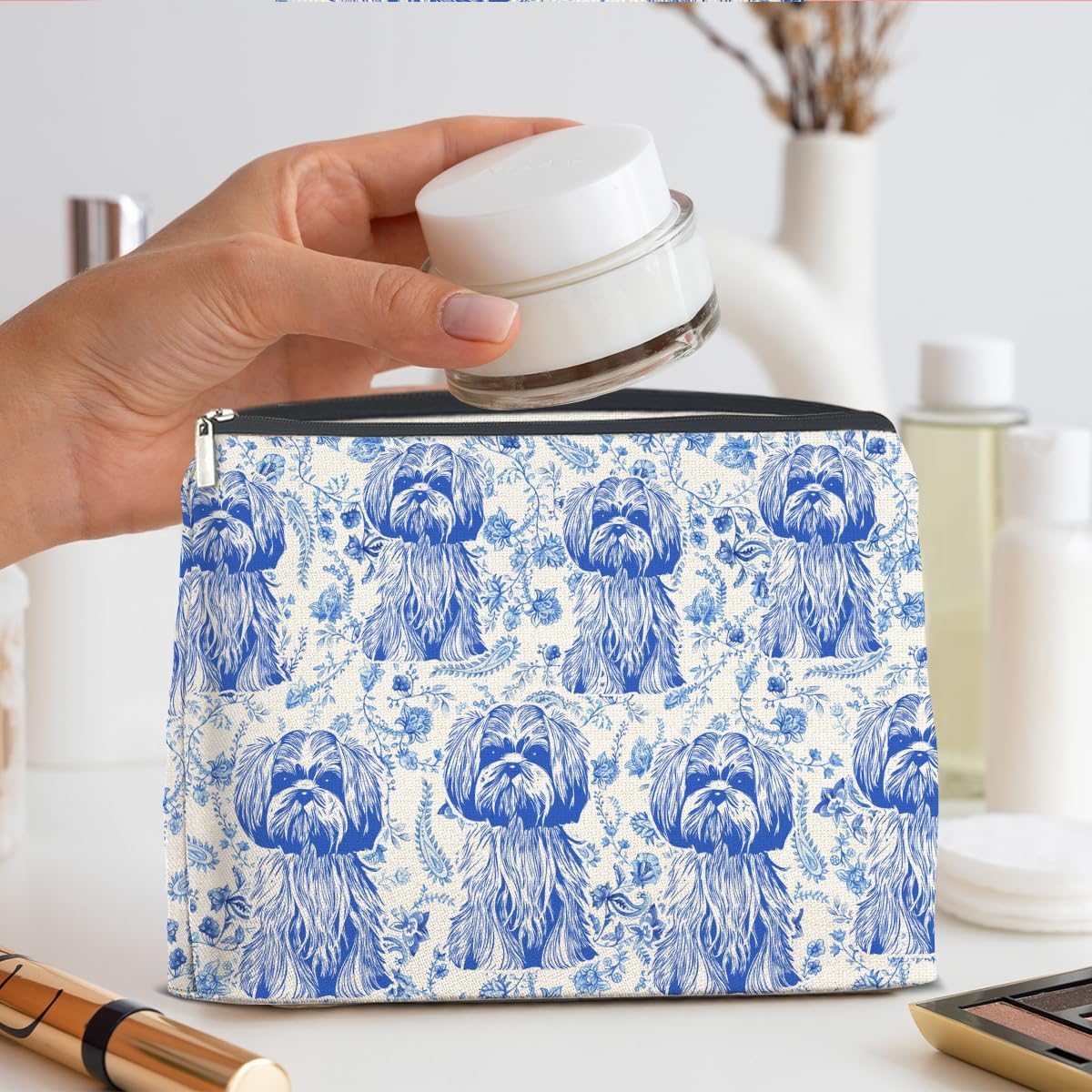 Shih Tzu Blue Makeup Bag Gifts for Women Dog Mom Cute Shih Tzu Cosmetic Bag Zipper Pouch