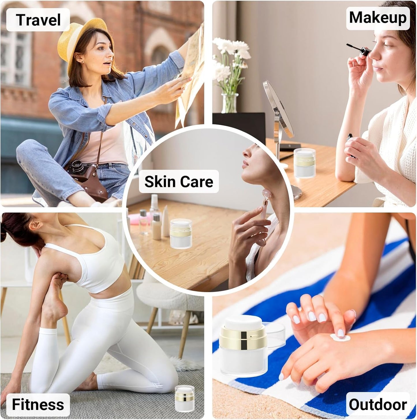 Segbeauty Pack of 3 Travel Jars for Creams, 0.5oz Small Airless Pump Jars 15ml Refillable Travel Bottles Empty Lotion Container, Glass Jar for Toiletries Gold Moisturizer Container