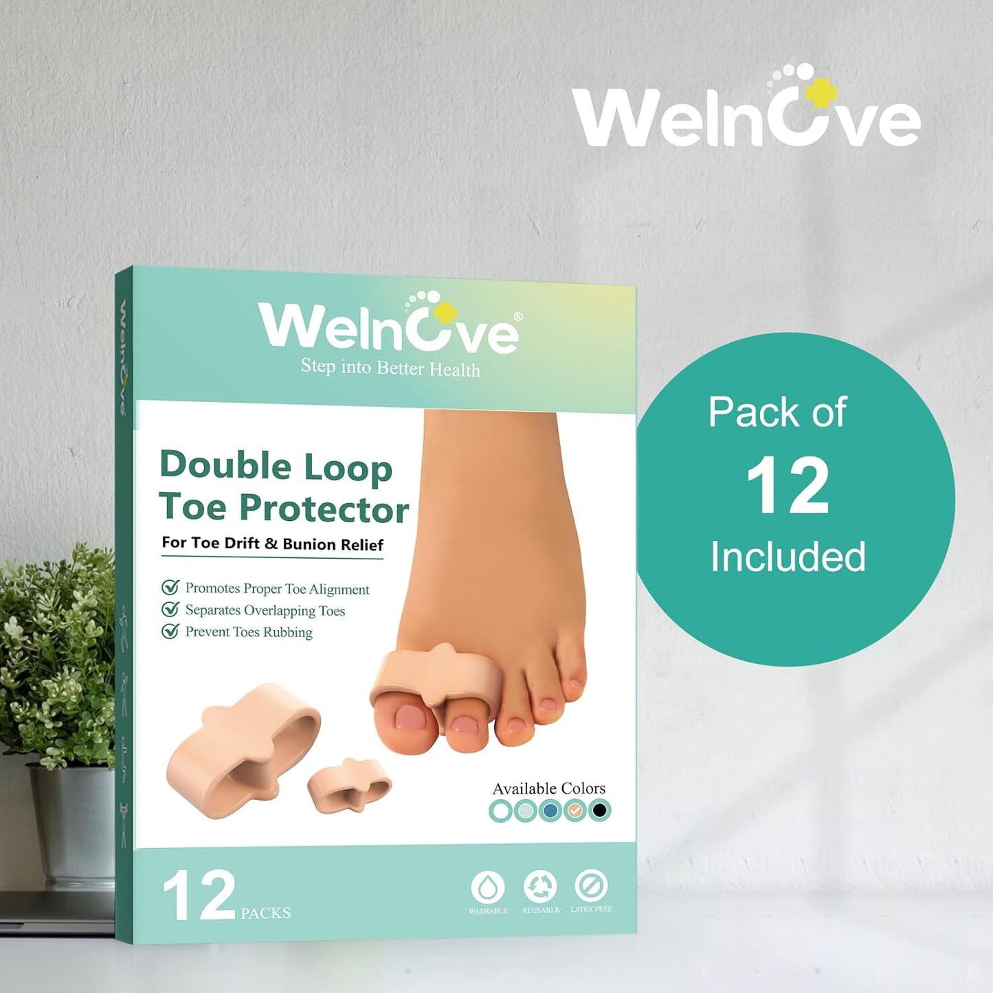 Welnove Pack of 12 Bunion Corrector, Toe Separators with 2 Loops, Big Toe Spacer Suitable for Bunion and Overlap Toe (Beige)