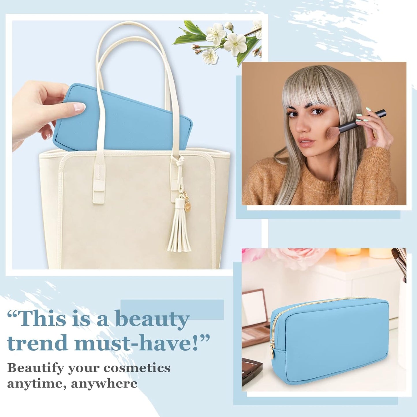 Nylon Small Makeup Bag for Purse, Cute Preppy Black Makeup Bag Cosmetic Zipper Pouch Purse, Waterproof Portable Travel Toiletry Bag Clutch Makeup Brush Bag Organizer Storage for Women Men Girls(Black)