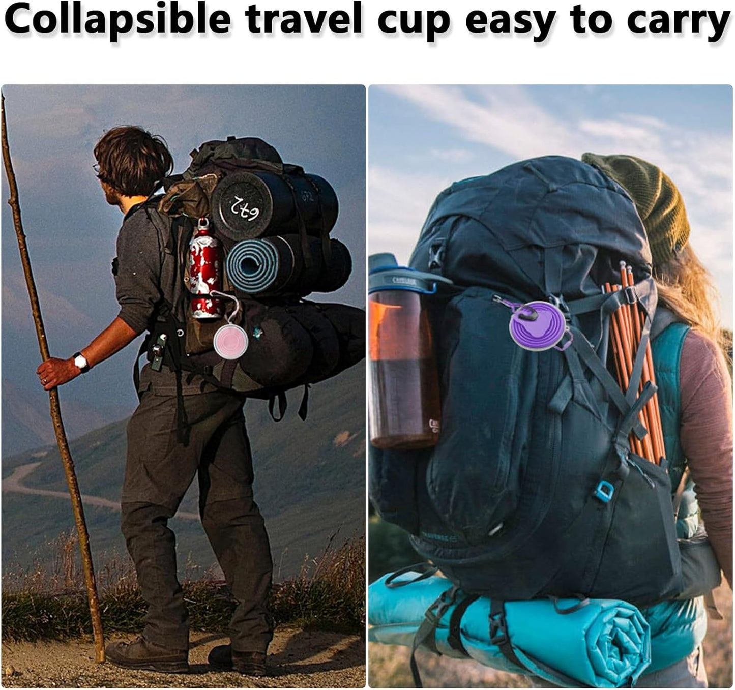 Litoexpe 2 Pack Silicone Collapsible Travel Cup Portable Folding Camping Cup Sets with Lids, Pink & Purple, Capacity 9.22oz (270ml)