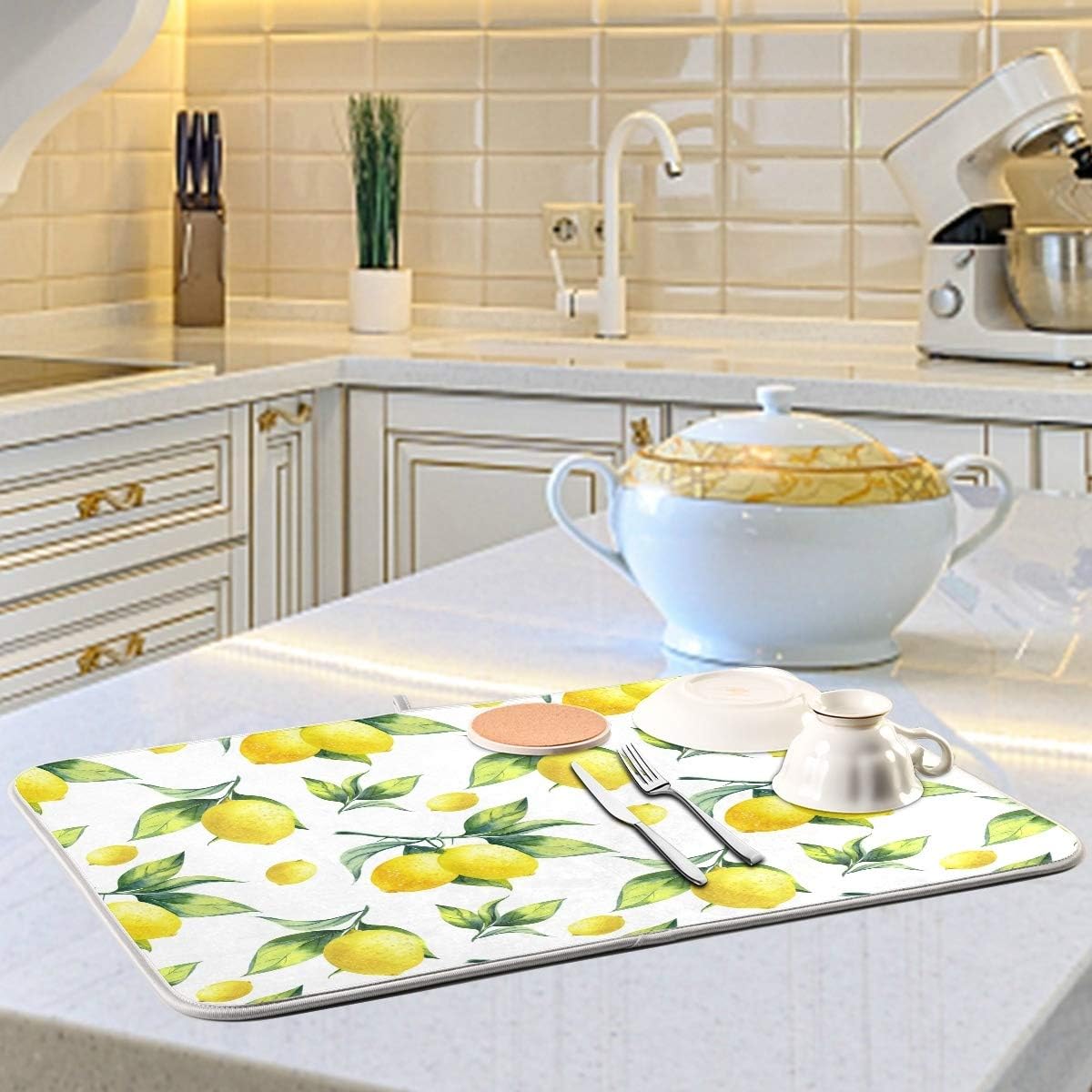 Tropical Lemon Leaves Dish Drying Mat 18x24 for Kitchen Lemon Yellow Lime Tree Dishes Pad Dish Drainer Rack Mats Absorbent Fast Dry Kitchen Accessories