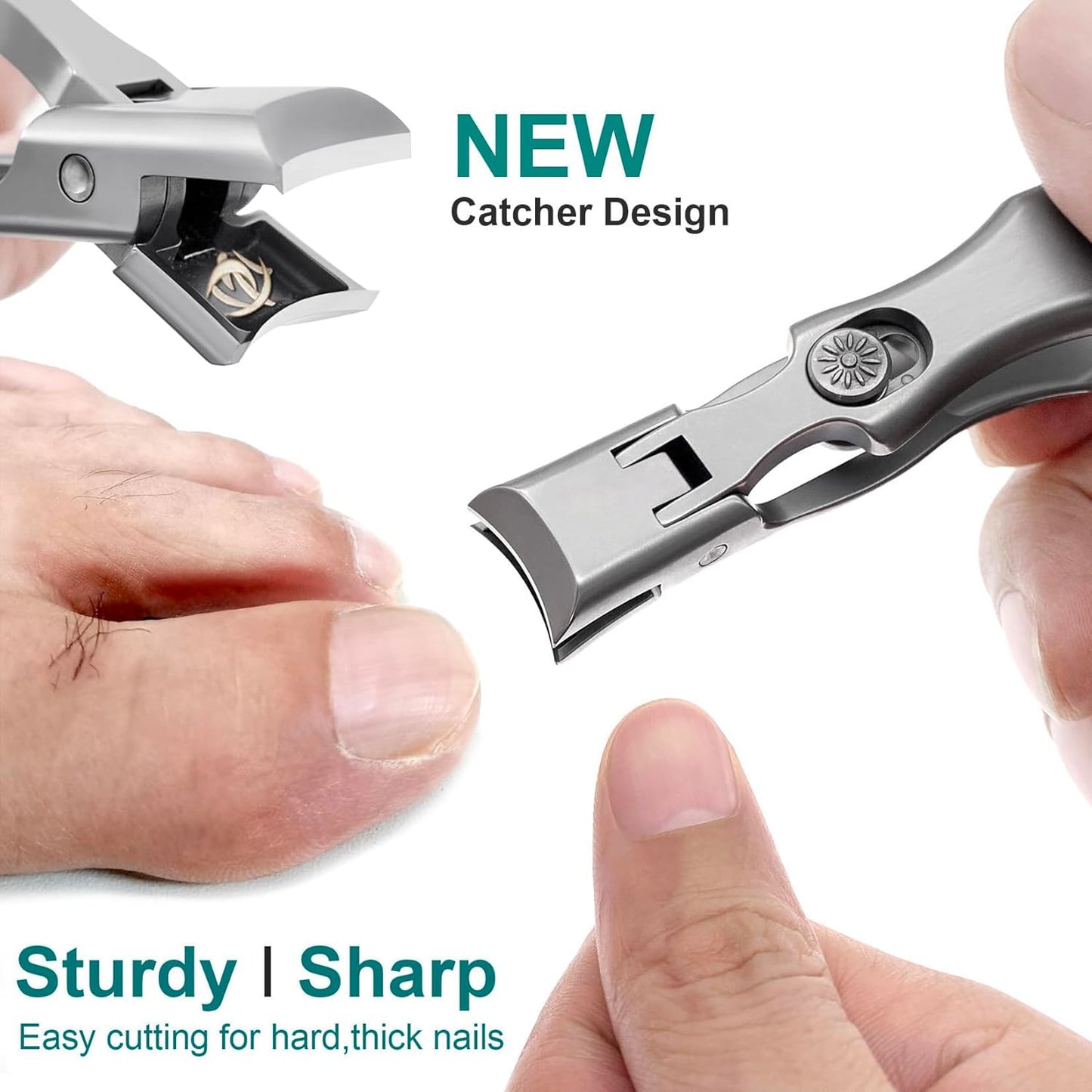 Nail Clippers for Men Thick Nails Large Wide Jaw Opening Toenails Clippers for Seniors Long Handle Heavy Duty Portable Ultra Sharp Fingernail Cutter with Catcher for Adult Women (Silver Set)