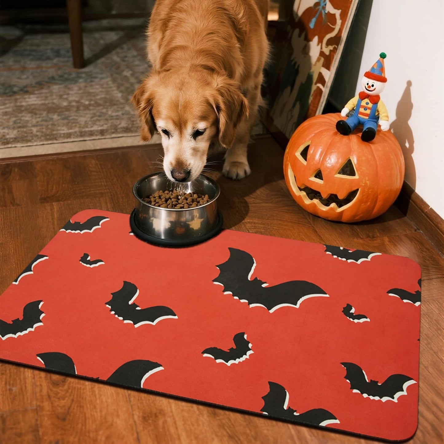 Halloween Bath Mat, Thin Halloween Bathroom Rug Non Slip Quick Dry Bat Bath Mat Fits Under Door Thin Floor Mat Halloween Decor, 17''x30'', Gothic Bats Orange