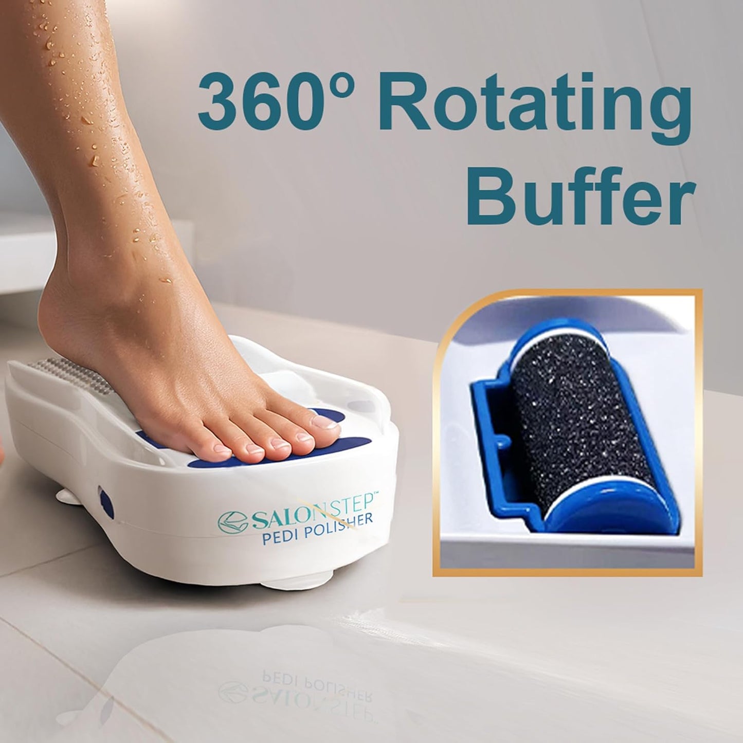 Pedi Polisher – Hands-Free Foot Exfoliator for Shower or Dry Use, Waterproof Smoother with 360 Spinning Buffer, Suction Base for Stability, at-Home Pedicure Tool