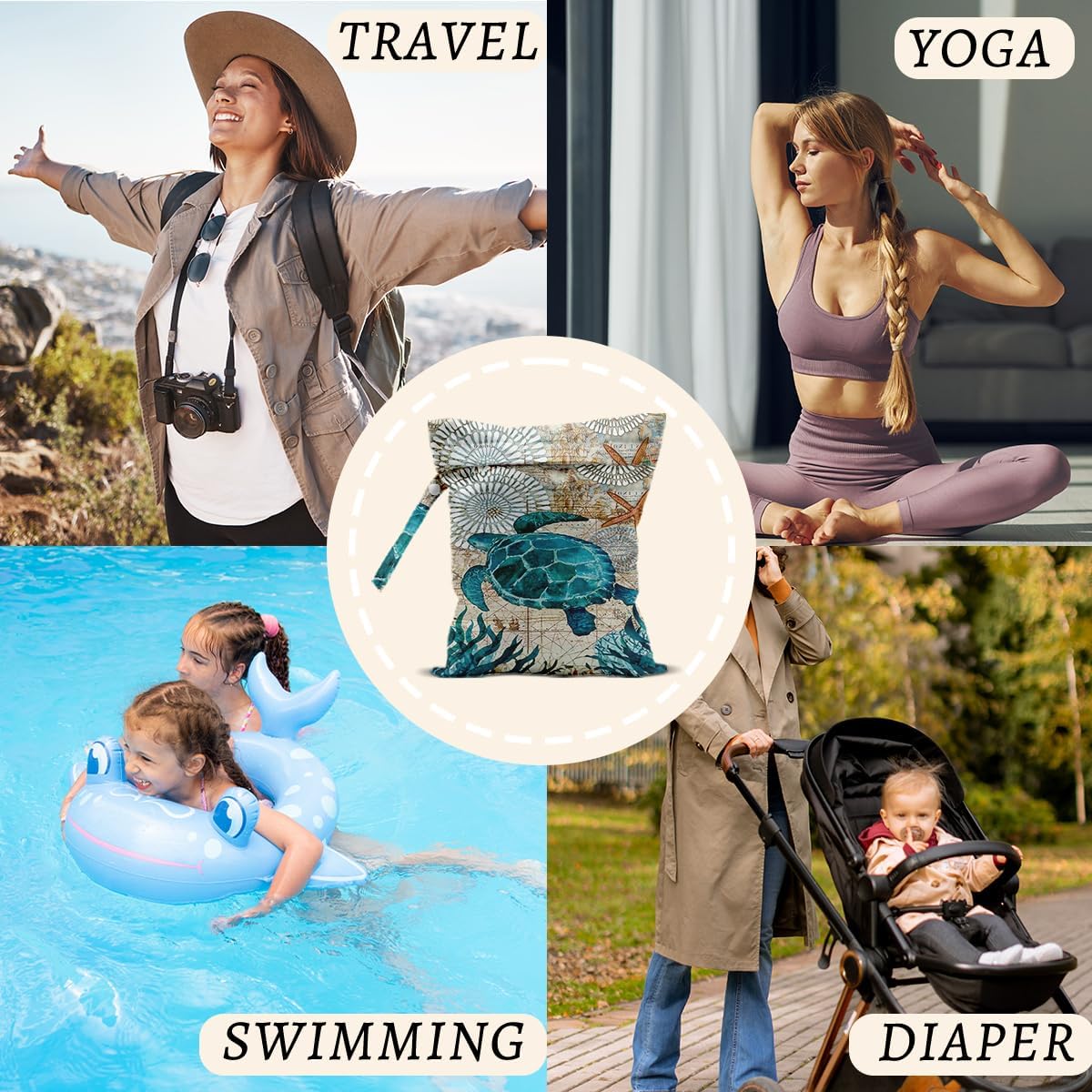 2Pcs Turtle Wet Bags 12x10 Inch, Shells Starfish Waterproof Wet Dry Bags, Sea Weed Washable Travel Laundry Bag for Swimsuit Beach Diapers Dirty Yoga Gym Clothes, Sea Turtle Gifts for Women Friend