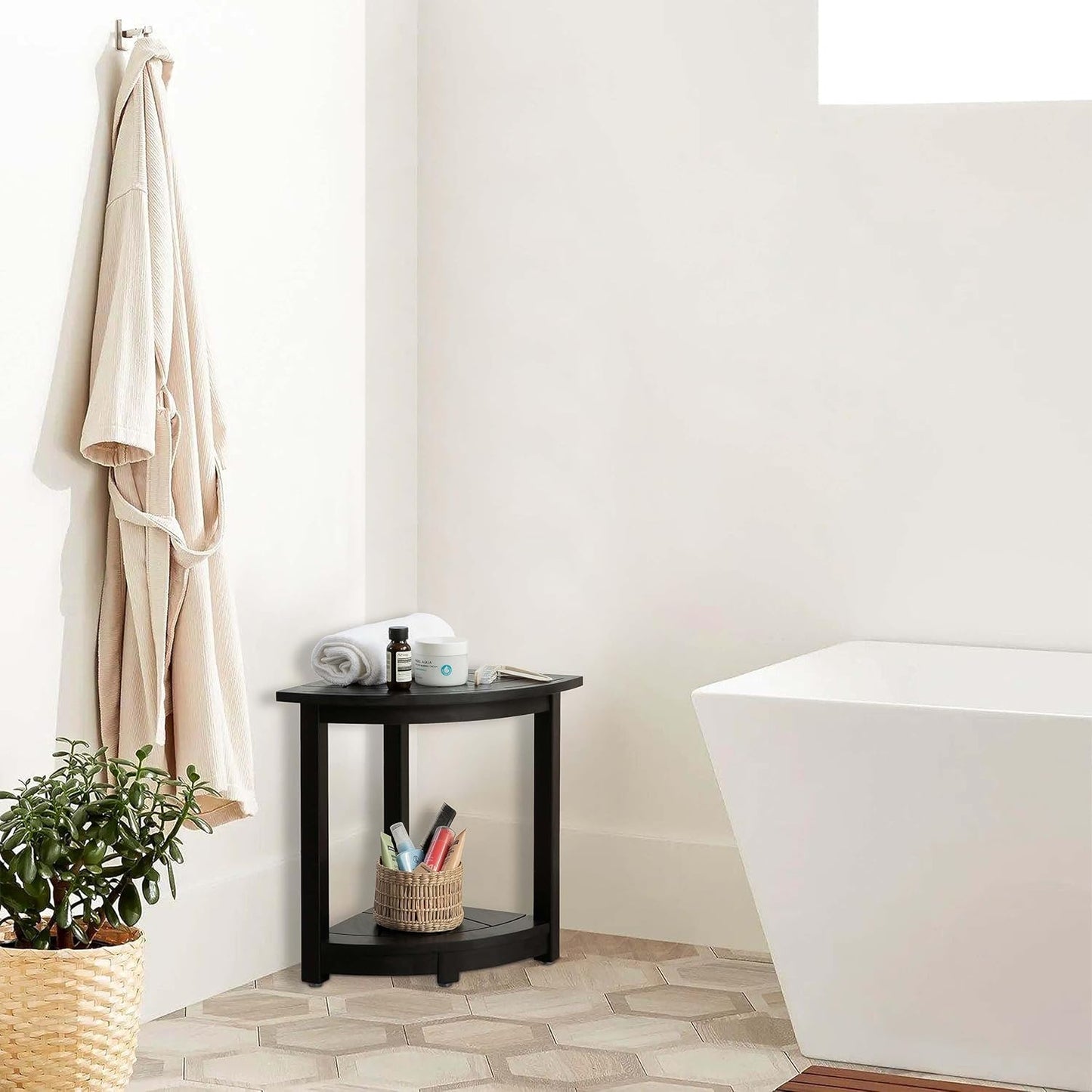 Acacia Corner Shower Stool, Waterproof Spa Foot Rest & Bath Bench with Storage Shelf & Soap Dish, Ideal for Bathroom, Shaving Legs, or as Small Corner Table/Step Stool (Black)