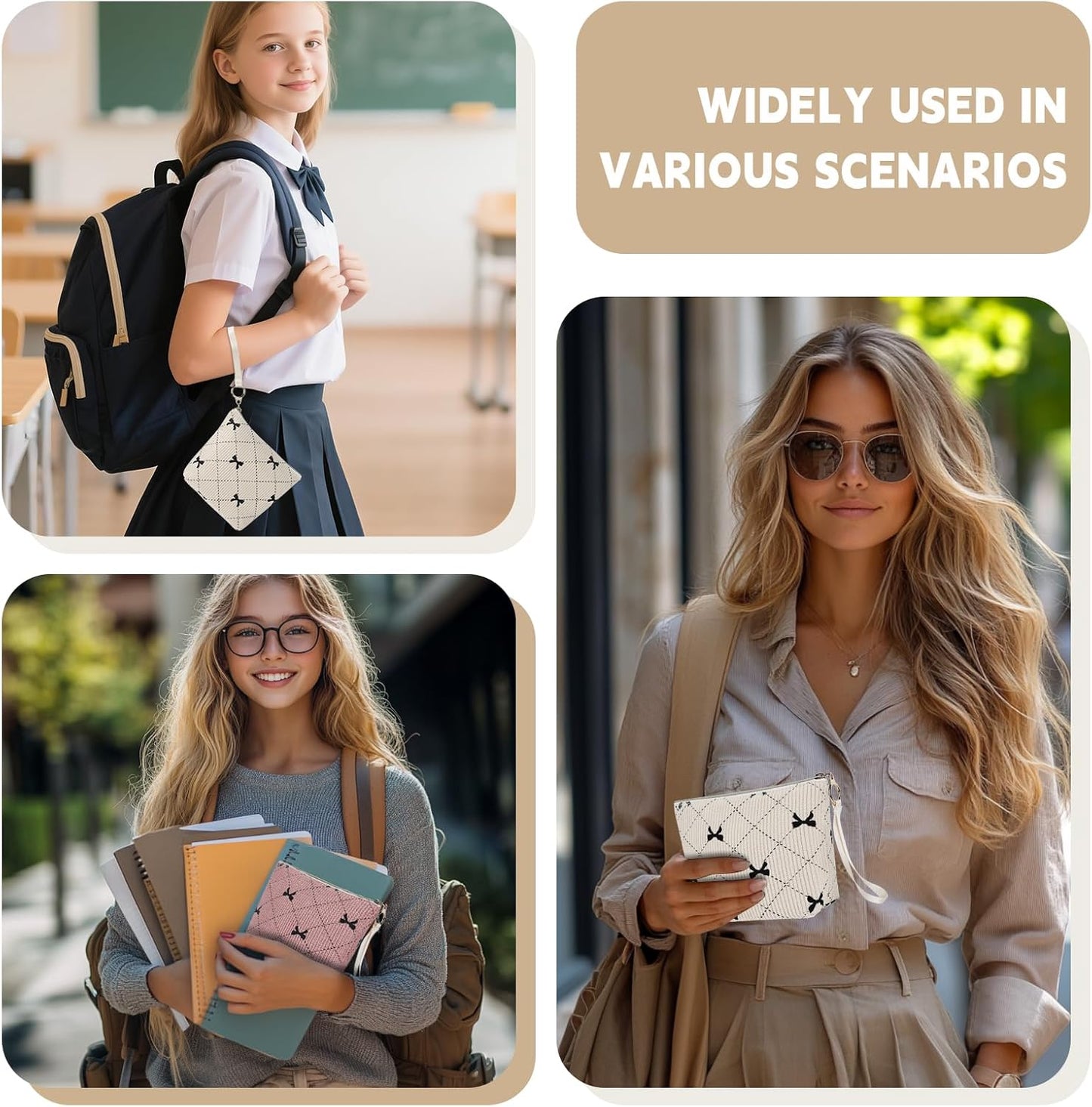 Bow Period Bag for Teen Girls, Corduroy Cute Sanitary Napkin Storage Bag with Wristlet, Menstrual Pad Pouch Tampon Holder for Backpack (Beige)