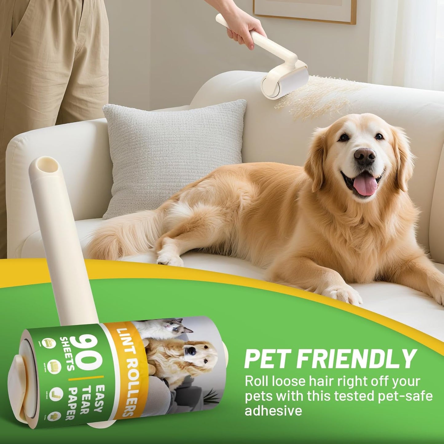 Lint Roller 2-in-1 Rotatable Handle Pet Hair Remover for Laundry Dog Hair, Cat Hair, Animal Fur, Fuzz Extra Sticky Roller for Couch, Clothes, Furniture and Carpet (4 Pack)