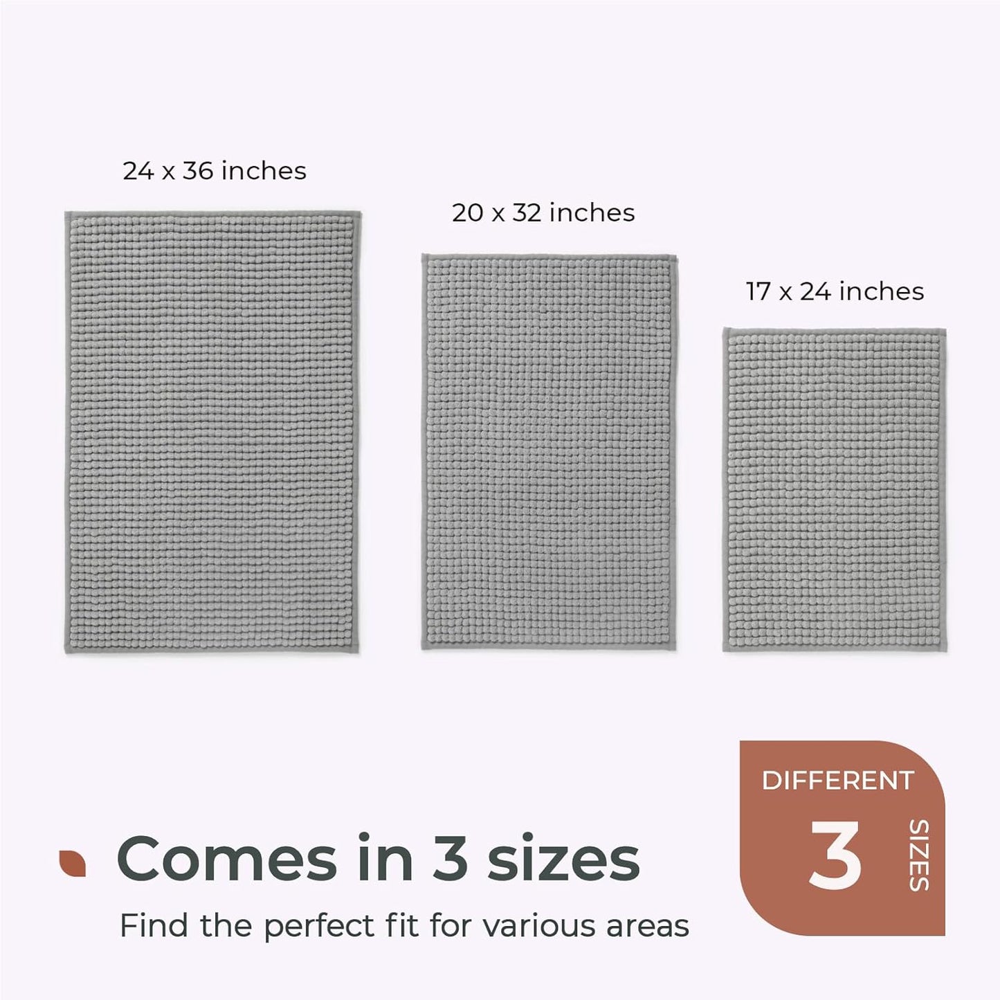 FRESHMINT Thick Chunky Chenille Bathroom Rug, 17"x24", Non Slip Bath Mat, Soft Bathroom Decor, Cute Shower Mat, Water Absorbent, Washable, Dove Gray