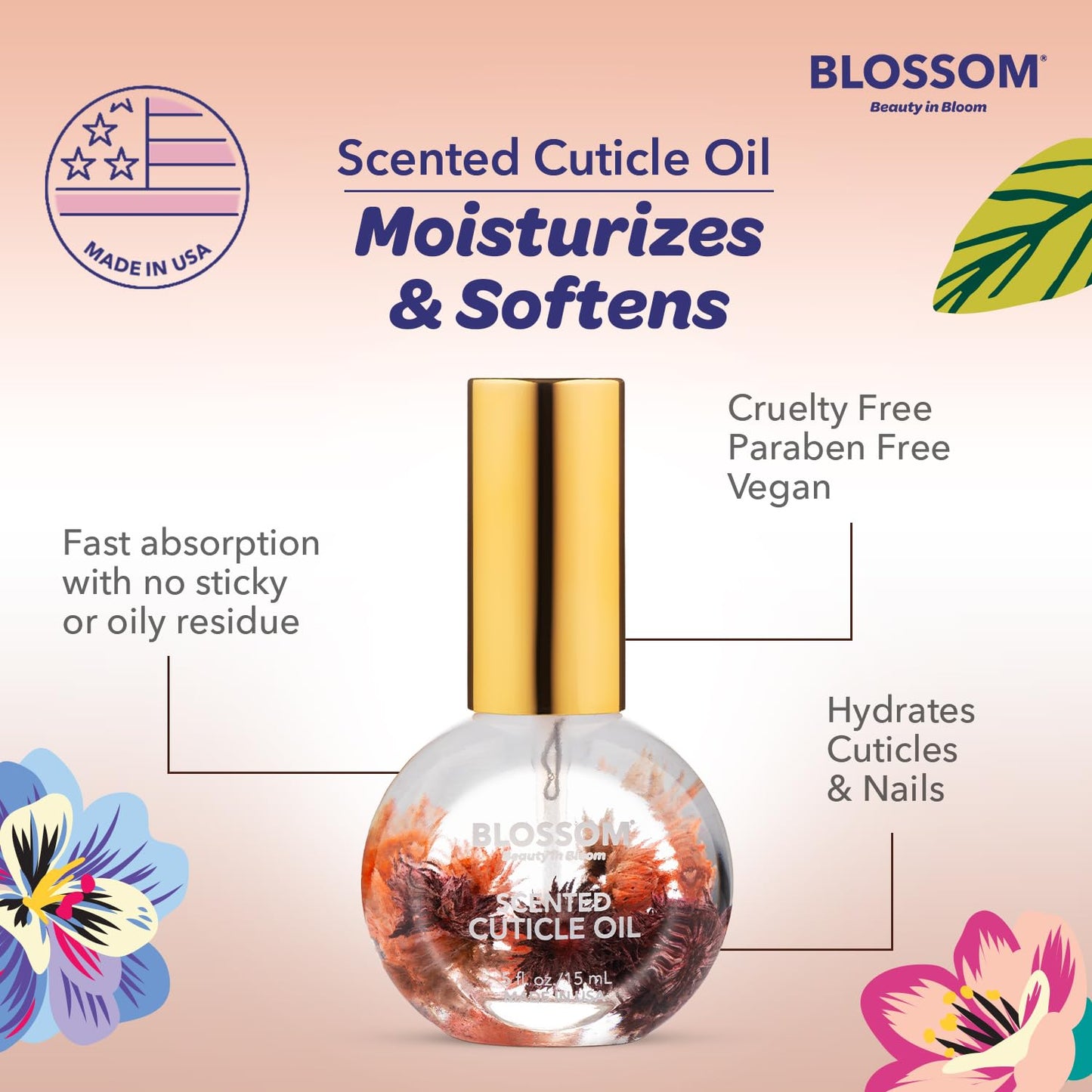Blossom Cuticle Oil for Nails, Hydrating, Moisturizing, Gourmand Scented Nail Oil Cuticle Care, Infused with Real Flowers, Made in USA, 0.5 fl. oz, Chocolate Truffle