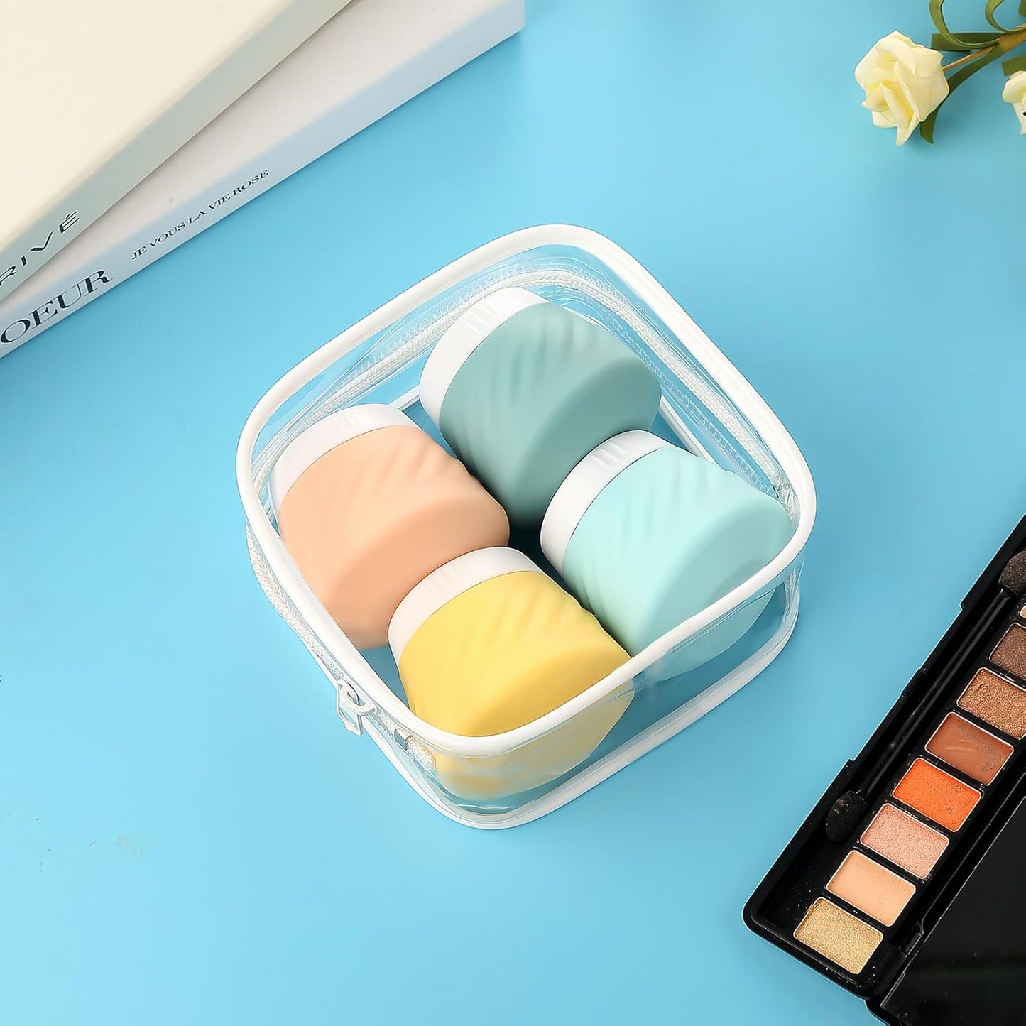 Gemice Silicone Cream Jars TSA Approved Travel Size Containers with Toiletry Bag, Wide Mouth Leak-proof Travel Accessories with Lid for Cosmetic Cream (4 Pack)