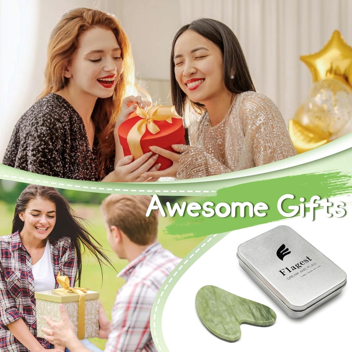 Flagest Gua Sha Facial Tools, Jade Stone Guasha Tool for Face Body, Facial Massage Tool for Jawline Sculpting and Puffiness Reducing, Skin Care Tools for Men Women