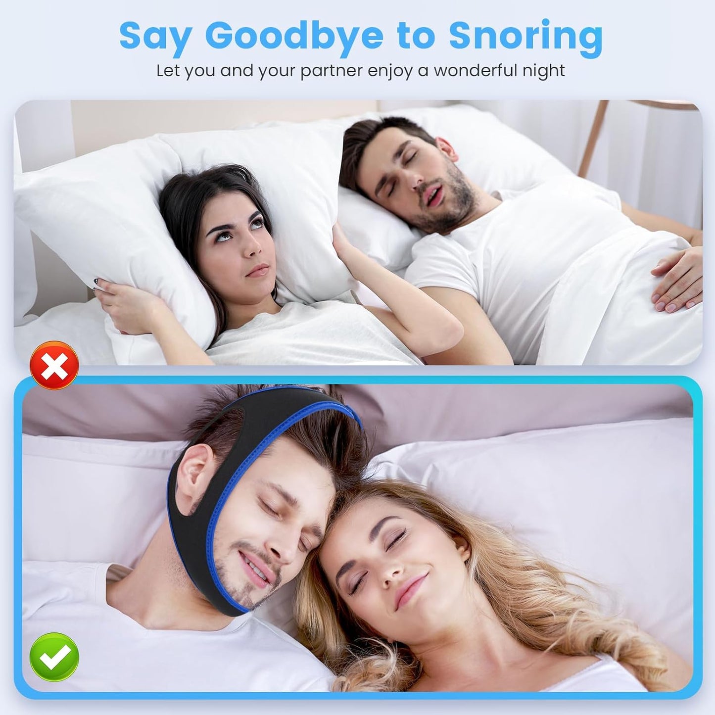 Chin Strap for Snoring Snore Chin Strap for Men & Women Comfortable Jaw Support Snoring Solution Adjustable Effective Snoring Sleep Device Reducing Aid for Women and Men (Blue)