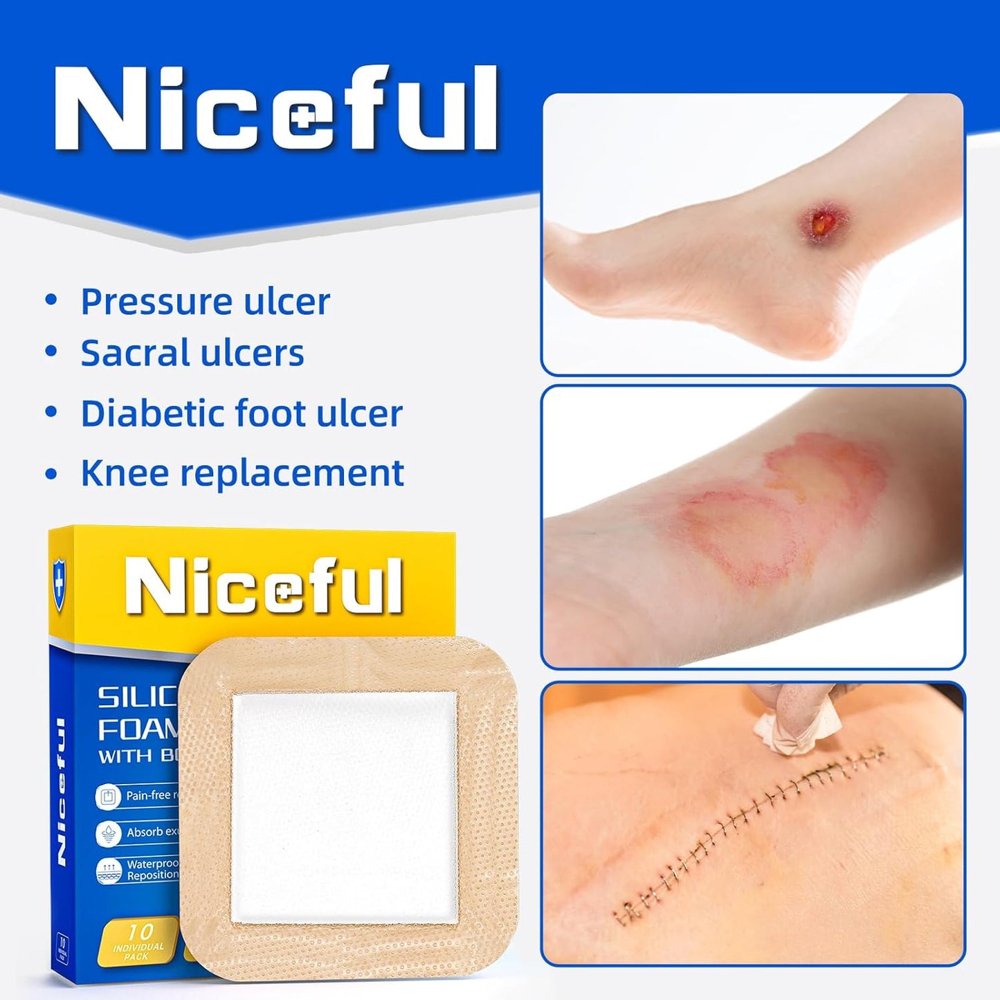 10 Count Silicone Foam Dressing 6" x 6" - Large Bandages for Wounds, Wound Dressing Waterproof Silicone Bandages for Bedsores, Diabetic Foot Ulcers, I-II Degree Burns