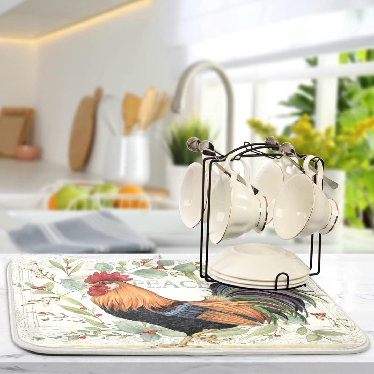 Farmhouse Rooster Farm Dish Drying Mats for Kitchen Drying Mat 16 x 18 Inch Absorbent Microfiber Drying Dish Mat Machine Washable Dish Rack Pad Dish Drainer Mat