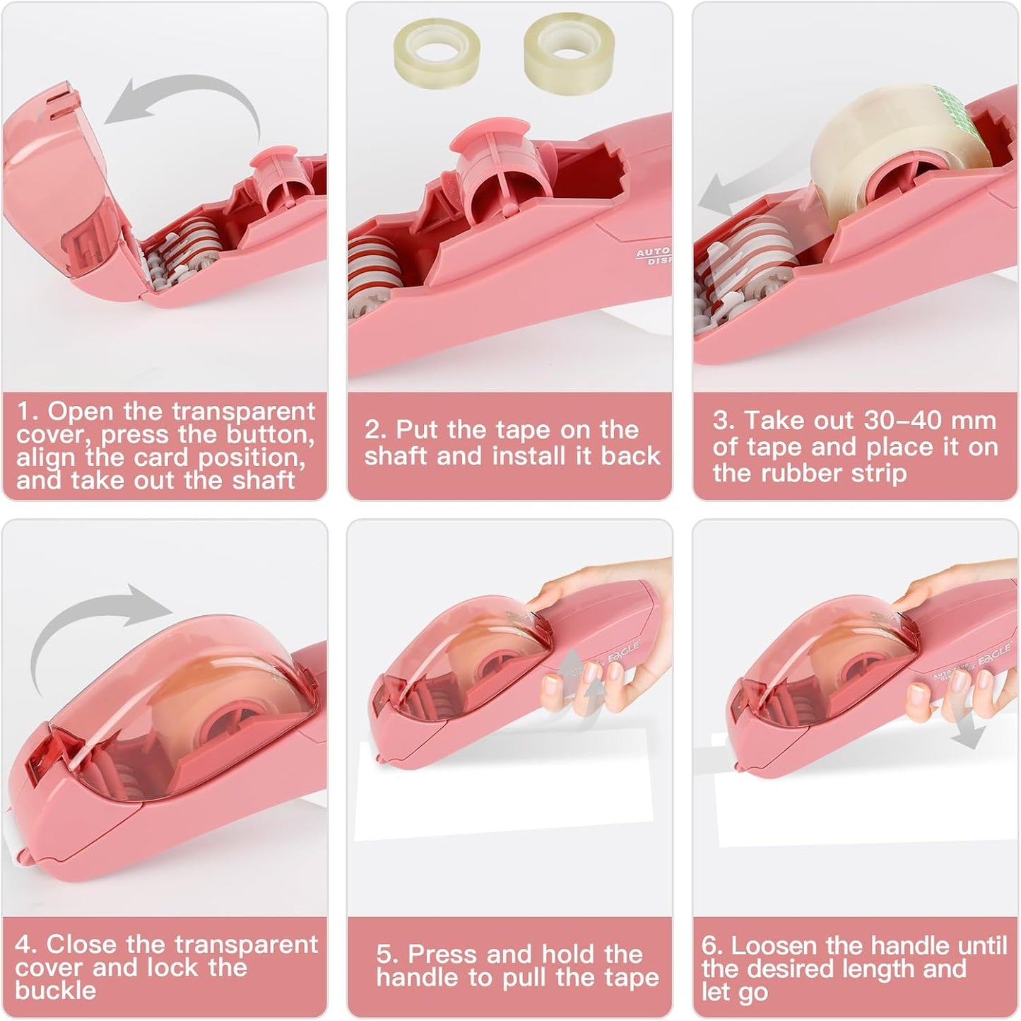 Eagle Automatic Tape Dispenser, Handheld & Portable Design, Office Tape Gun, One-Handed Operation with Safety Blade for Office, Home, DIY or Packaging (Includes 2 Free Tapes)(Flamingo Pink)