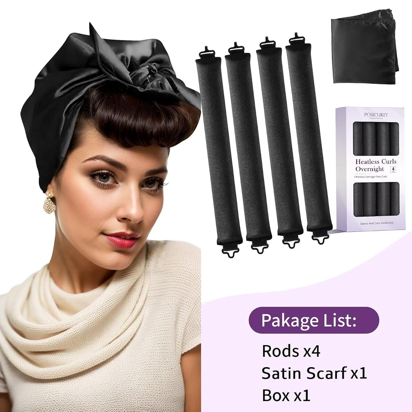 Heatless Curls Overnight Hair Curlers - 4 Pcs No-Heat Curling Rod to Sleep In,Velvet Hair Rollers with Satin Wrap