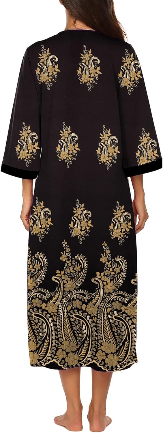 Ekouaer Women Zipper Robe 3/4 Sleeves Loungewear Dress Full Length Sleepwear Pockets Housecoat Nightgown Long Bathrobe