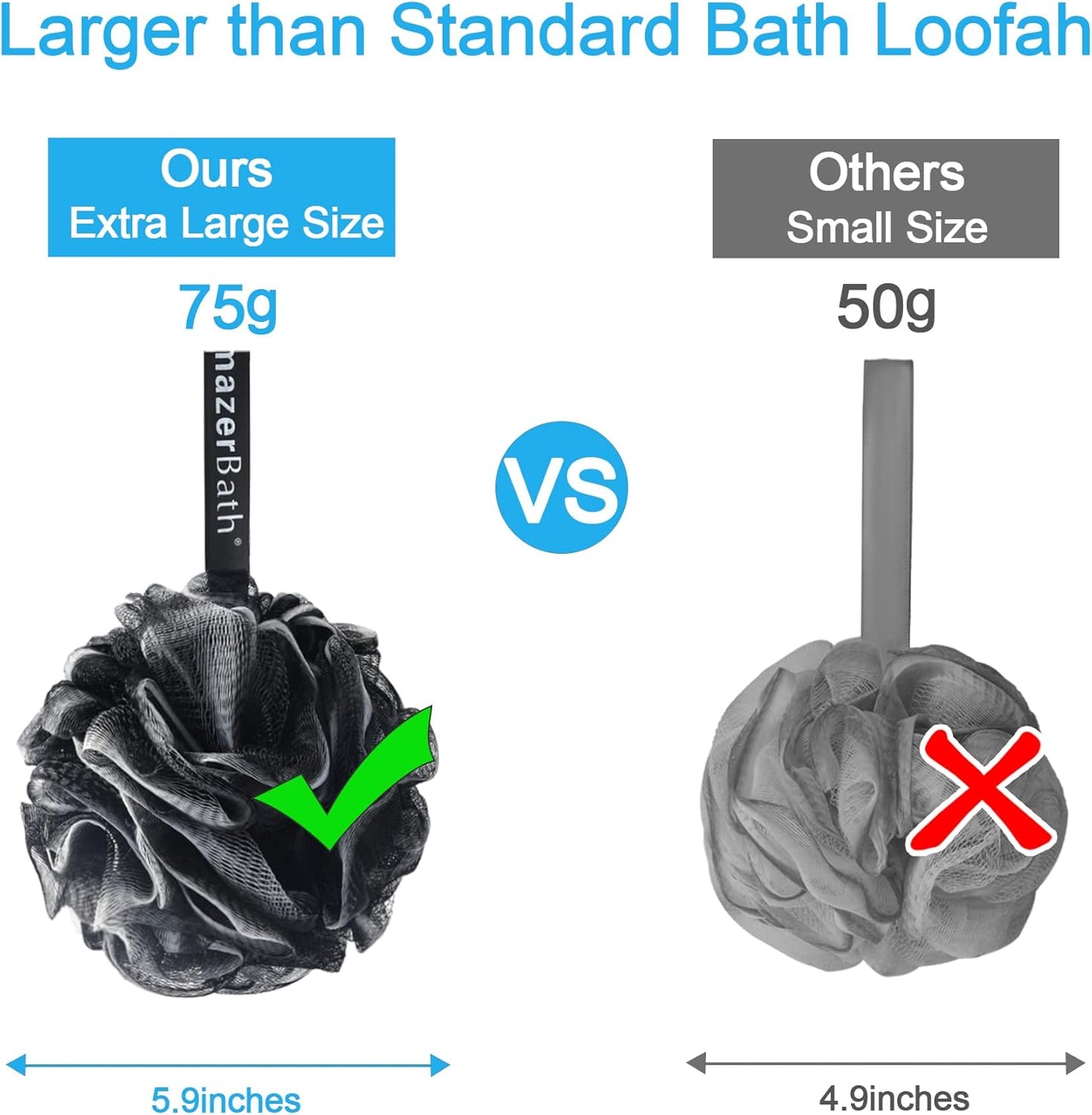 AmazerBath Loofah Sponge 75g/Piece, Loofah for Men Body Scrubber - Bath Sponge Loofa Set of 4 Black (Large)