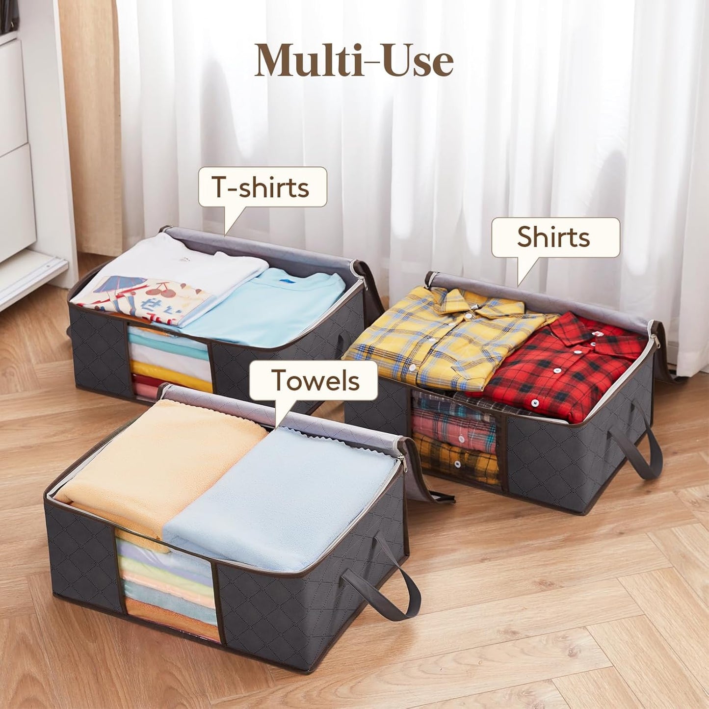 Lifewit 3 Pack Clothes Storage Bag, Foldable Storage Bin Closet Organizer with Reinforced Handle, Sturdy Fabric Blanket Storage with Clear Window, Storage Containers for Clothing, Bedding, Gray