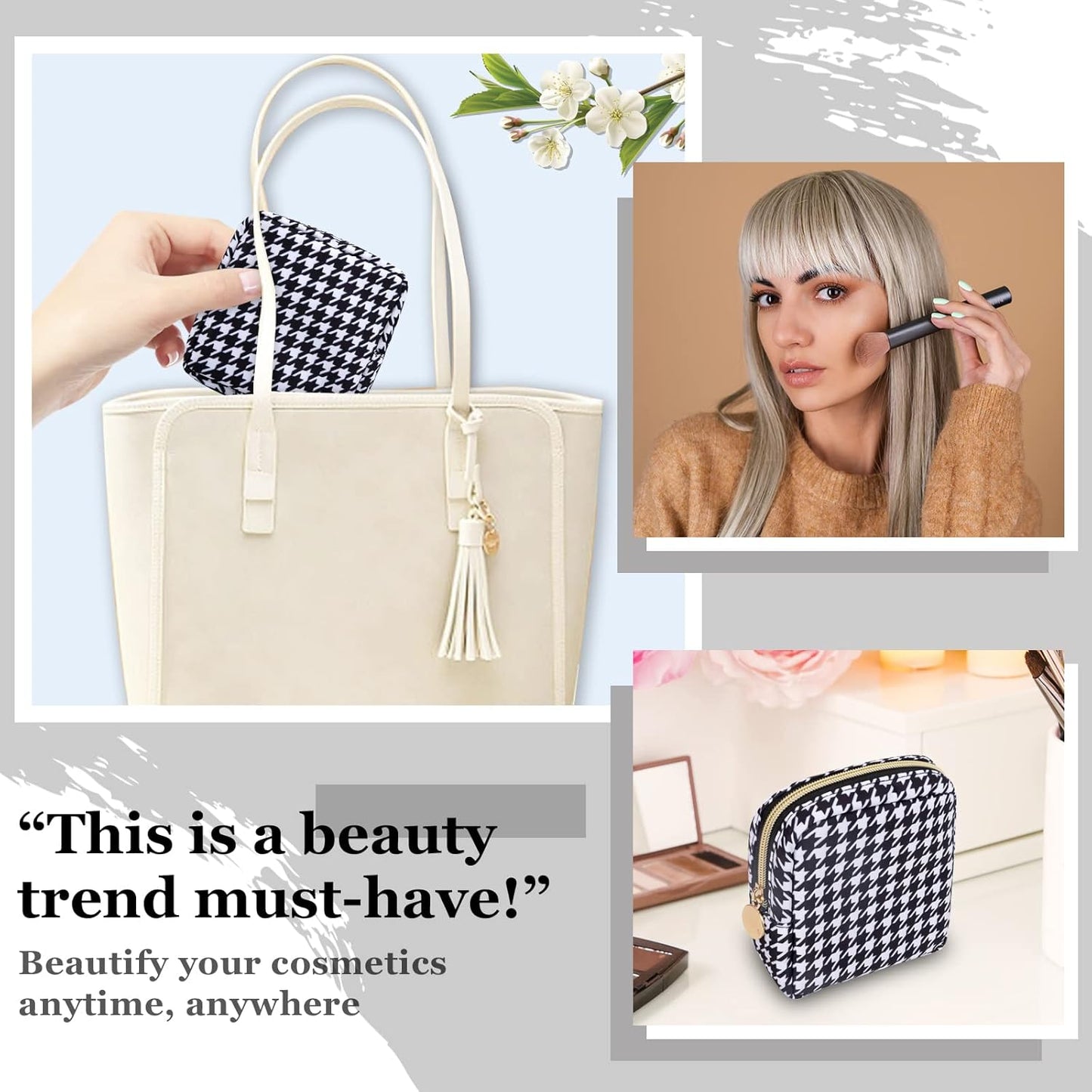 Nylon Mini Makeup Bag for Purse, Small Cute Makeup Bag Preppy Cosmetic Zipper Pouch Purse, Waterproof Travel Coin Pouch Sanitary Napkin Storage Bag Makeup Organizer for Women Girls(Black Houndstooth)