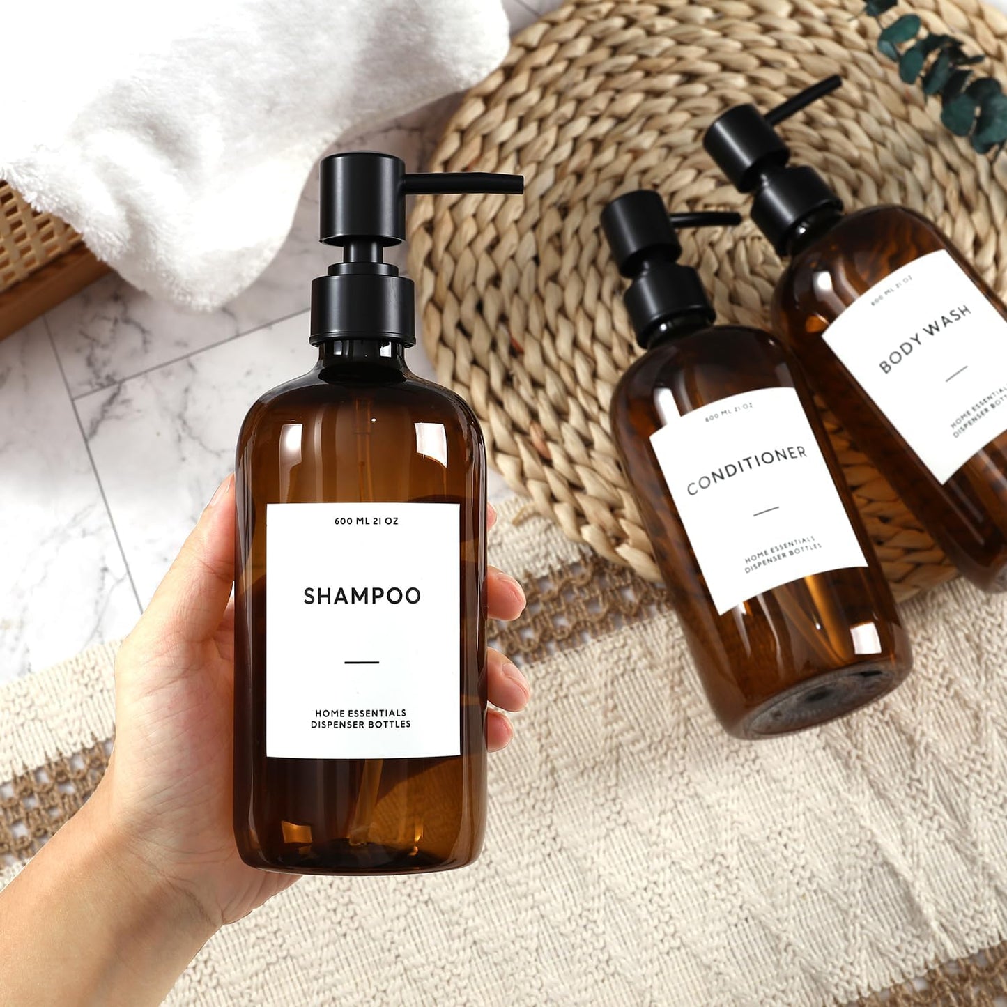 HOMCDALY Shampoo and Conditioner Dispenser, 21oz 3-Pack Refillable Shampoo and Conditioner Bottles, Shower Soap Bottles with Pump and Labels, Bathroom Shower Dispenser(21oz-Brown)