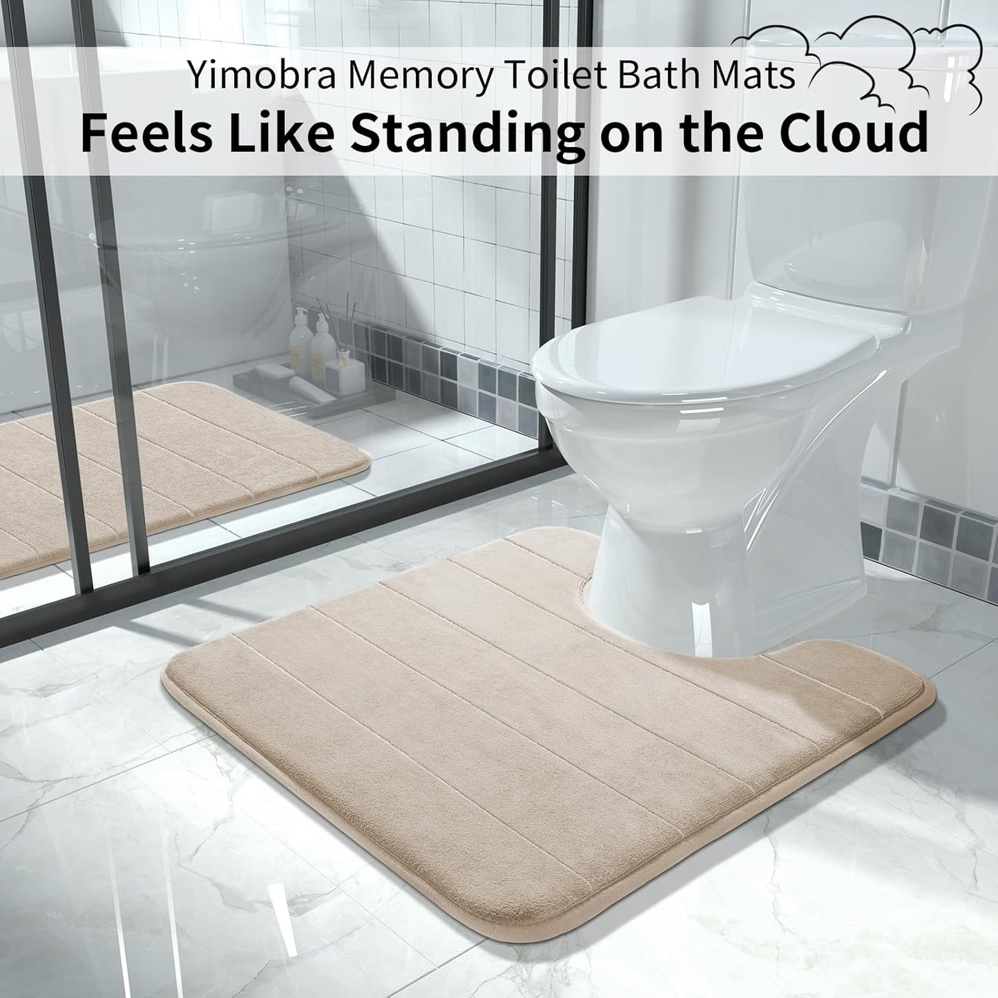 Yimobra Memory Foam Toilet Bath Mat U-Shaped, Soft and Comfortable, Super Water Absorption, Non-Slip, Thick, Machine Wash and Easier to Dry for Bathroom Commode Contour Rug, 24 X 24 Inches, Beige