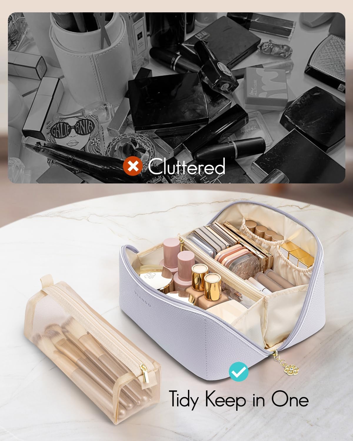 Vlando Makeup Bag,Large Capacity Toiletry Bag for Women Waterproof Portable Make up Pouch PU Leather Open Flat Cosmetic Bag(Purple)