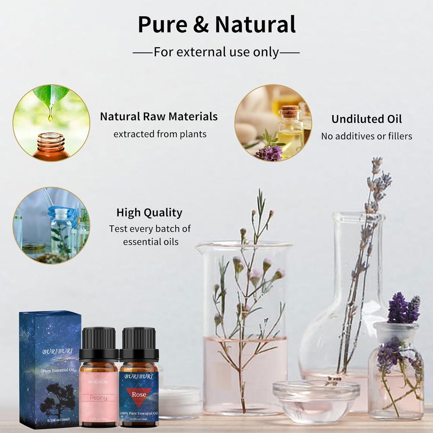 BURIBURI Rose Oil and Peony Essential Oil Set 2 Pack, 100% Pure Diffuser Rose Essential Oil 10ml for Massage, Soap Making