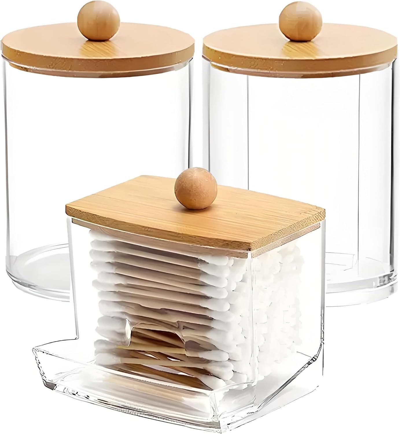 AXX Qtip Dispenser Apothecary Jars Bathroom - Qtip Holder Storage Canister Clear Plastic Jar for Cotton Swab,Q-Tips,Cotton Rounds (D#Bamboo 3Pcs)