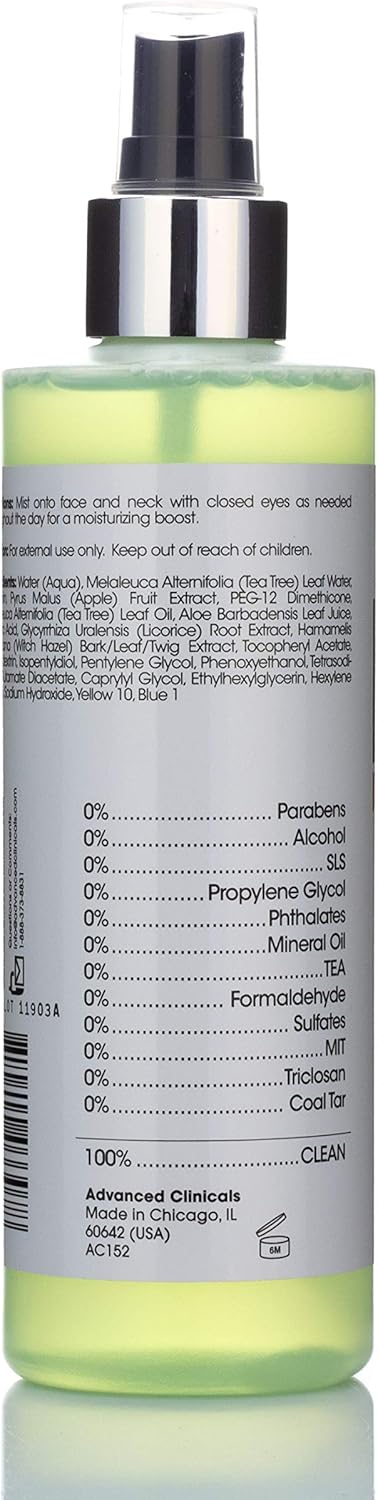 Advanced Clinicals Oil Control Purifying Facial Mist Toner. Hydrating, Non-Greasy Tea Tree Oil, Witch Hazel Toner W/Aloe Vera Face Mist Cleans Pores & Clears Acne All Skin Types, 8 Fl Oz (Pack of 1)
