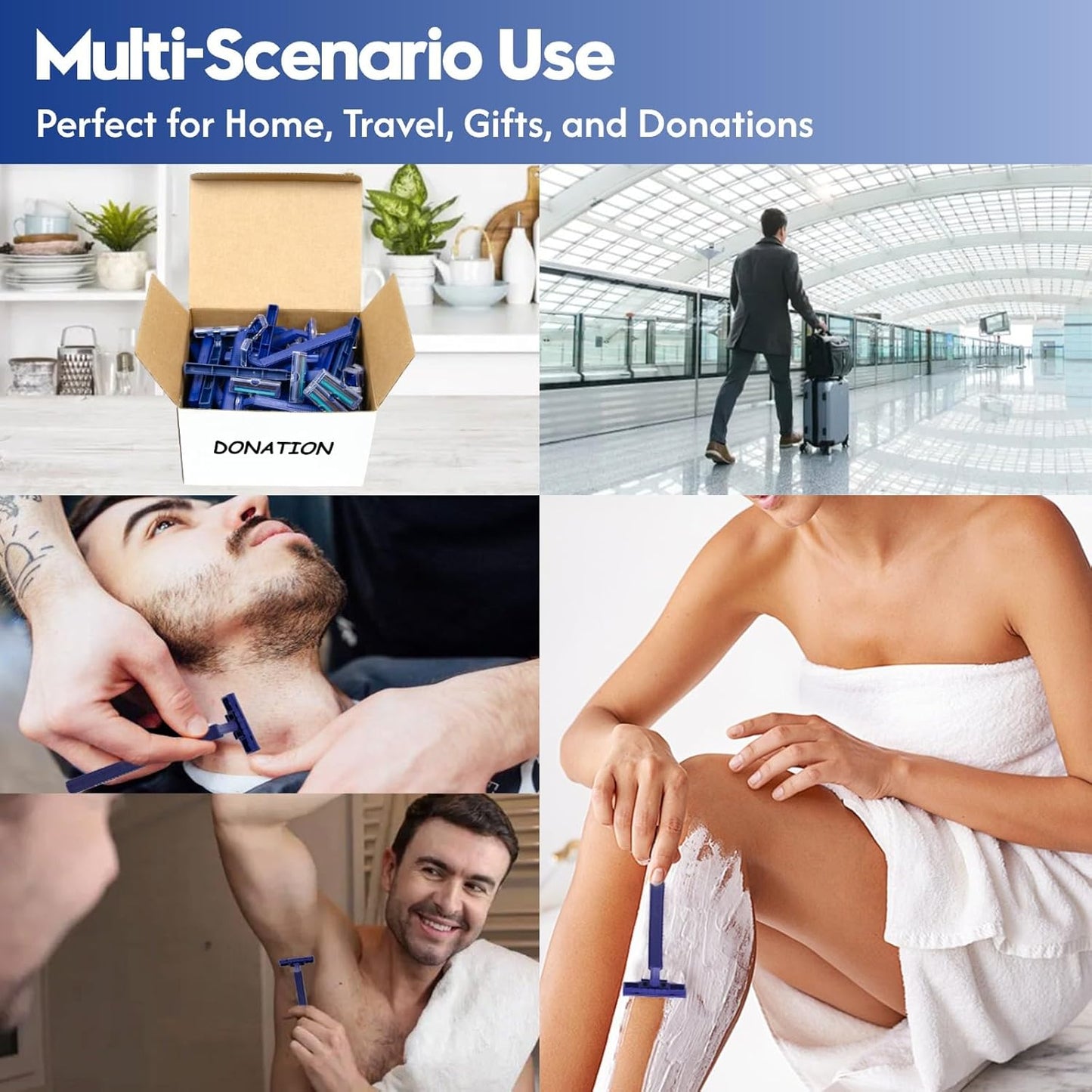 Twin Blade Disposable Razors for Men & Women – 60 Pack Bulk Stainless Steel Shavers with Lubricating Strip & Safety Cap, Non-Slip Handle for Sensitive Skin, Travel, Hotel, Charity (Blue)