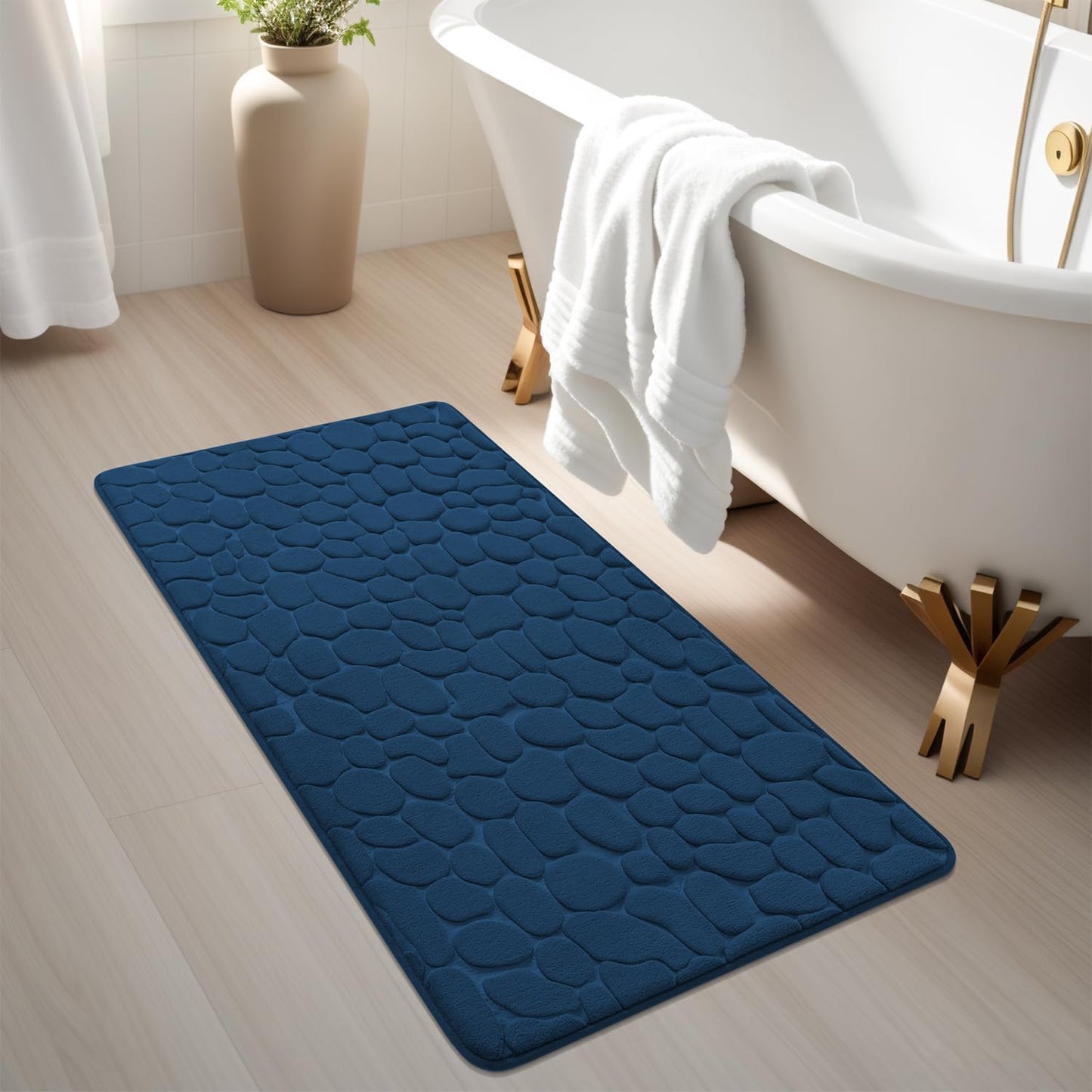 YIHOUSE Memory Foam Runner Rug, Cobblestone Bathroom Runner Rugs Super Water Absorbent Bath Mats for Bathroom Machine Washable Bath Rugs Runner for Hallway Bedroom Laundry Room(26 x 50,Dark Blue)