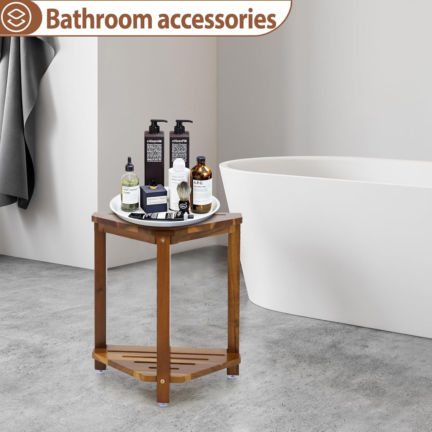 IBosins 16in Shower Foot Rest Corner Shower Stool for Shaving Legs with Storage Shelf Small Bench for Inside Shower to Sit on Bath Seat - Acacia Wood