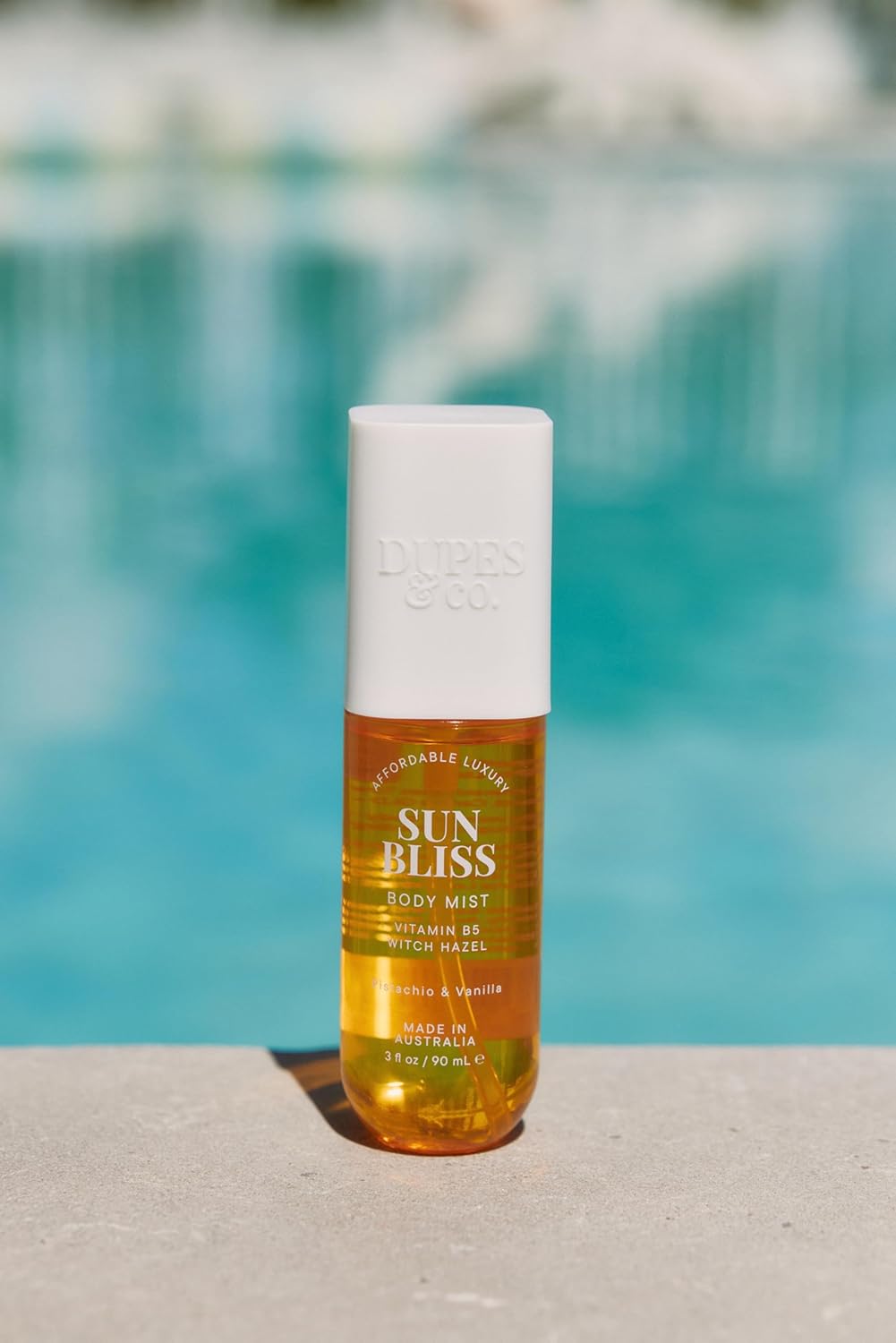 DUPES & CO. Sun Bliss Hydrating Body Mist for Women – Pistachio & Vanilla with Vitamin B5 & Witch Hazel – Sweet, Tropical Scent in a 3 Fl Oz Bottle