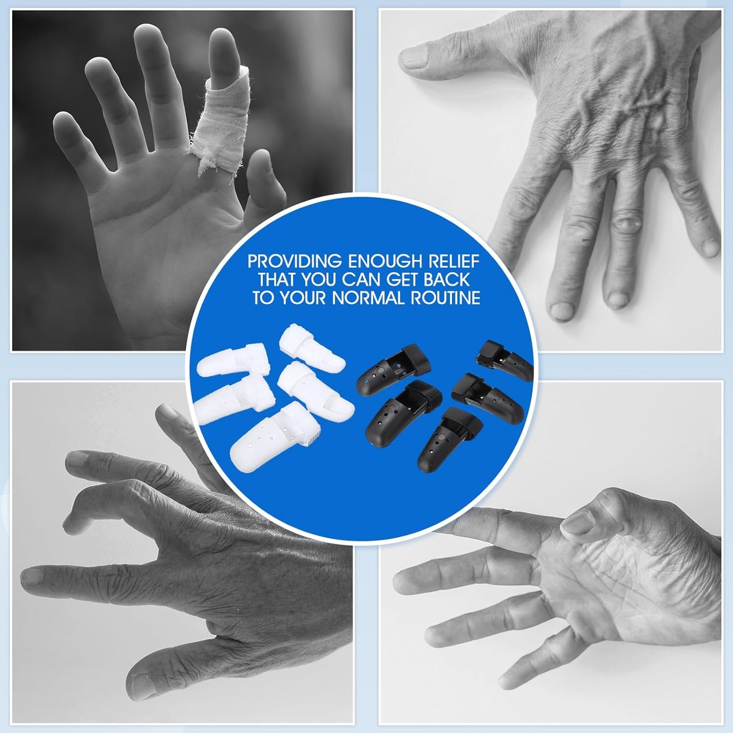 BBTO 10 Pcs Mallet Finger Splint, 5 Sizes Finger Support Brace Stabilizer Straightener Plastic Fingertip Protectors Arthritis Knuckle Immobilization for Thumb Pinky Middle Index Ring(White, Black)