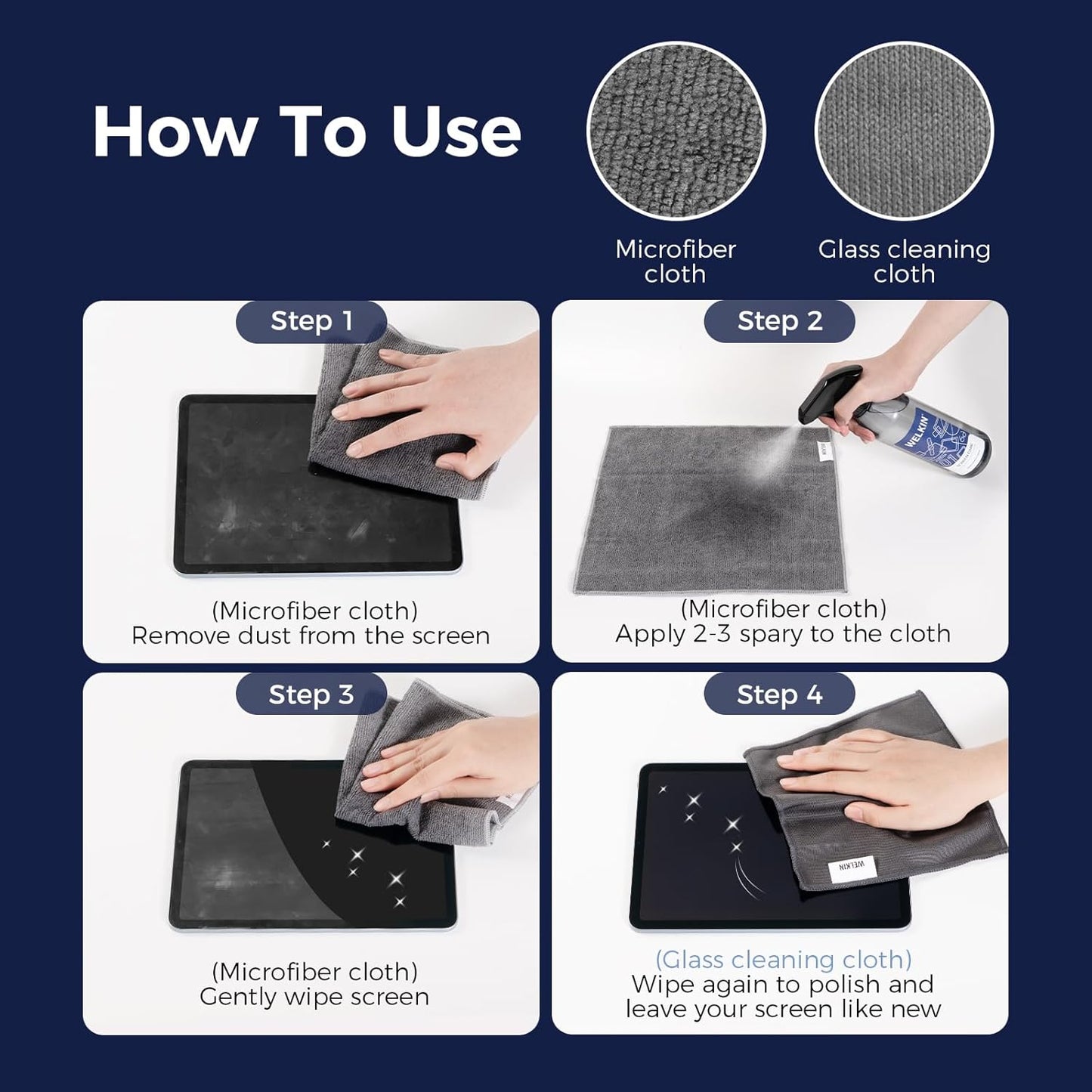 WELKIN Screen Cleaner Spray Kit (550ml + 60ml) - Cleaning Mist for TV, Laptop, Computer, Phone Touchscreen - 2 Sprayers,1 Microfiber Cloth & 1 Glass Wipe Included