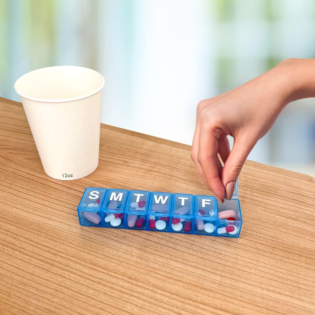 Amazon Basic Care Weekly (7-Day) Pill Organizer, Vitamin Planner, And Medicine Box, Medium Compartments, Blue