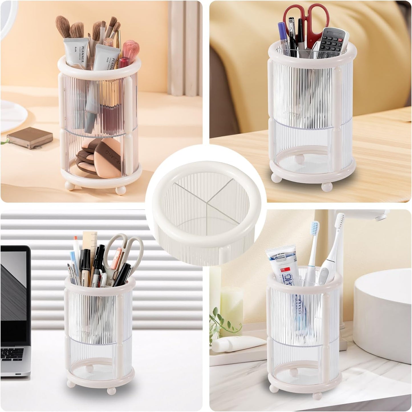 Makeup Brush Holder, 2 Tier Clear Cosmetic Tools Organizer, Round Makeup Organizer for Vanity Countertop (Milky White)