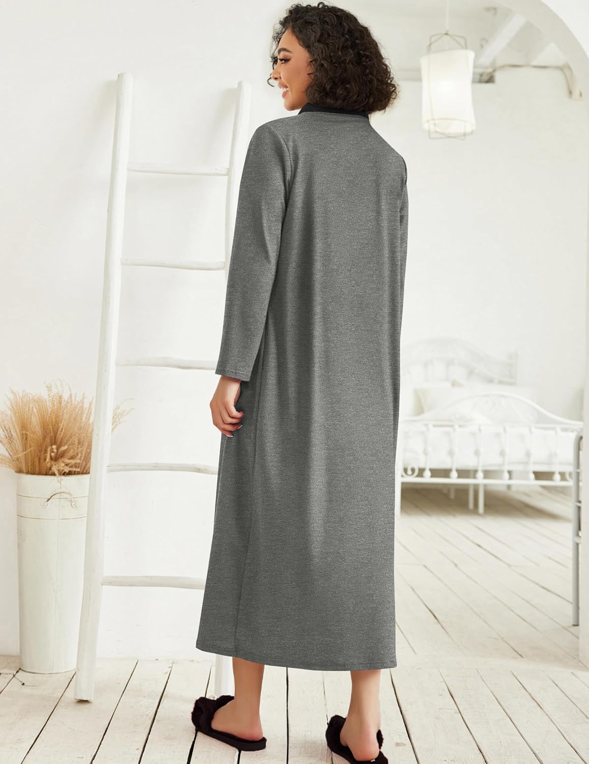 Ekouaer Women Zipper Robe Long Sleeve Loungewear Lightweight Housecoat Full Length Nightgown with Pockets