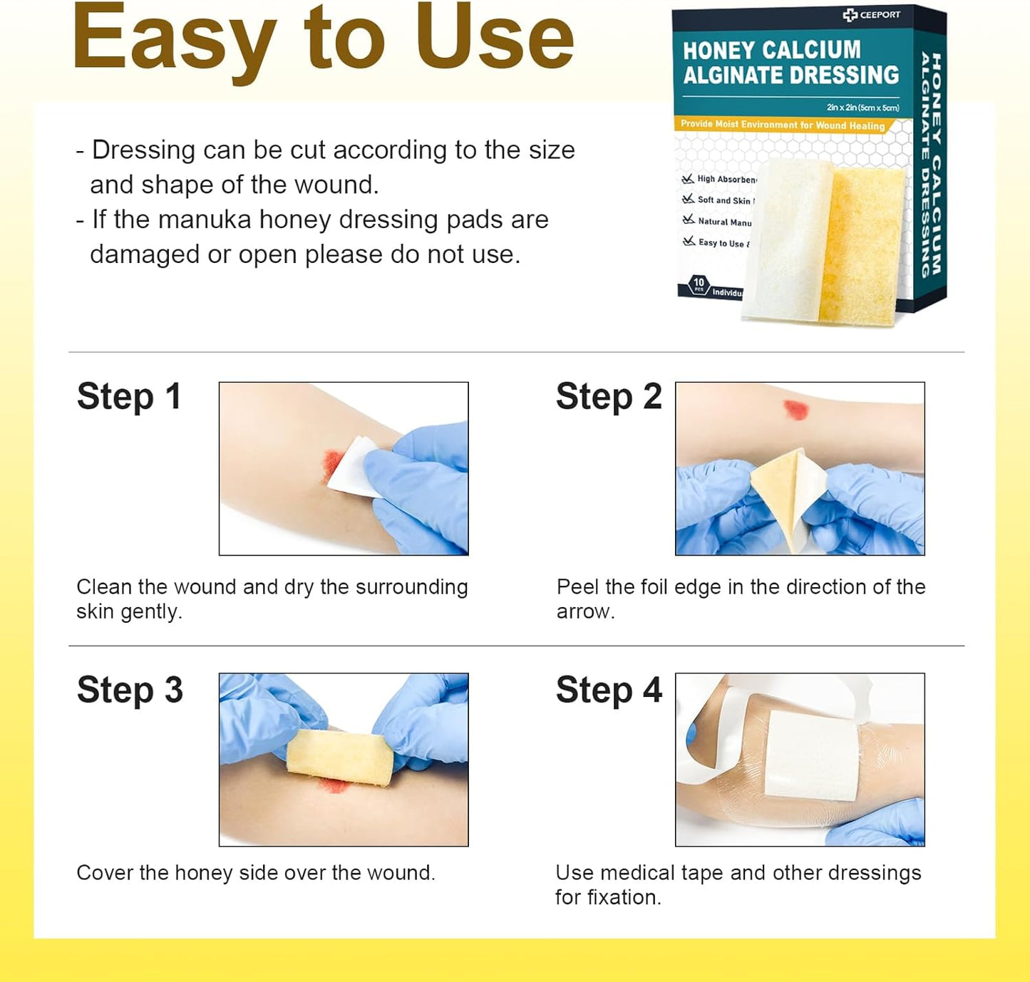 Manuka Honey Calcium Alginate Wound Dressing, 2"x 2" High Absorbency Honey Wound Dressing with Calcium Alginate, Medical Grade Manuka Honey Wound Care Bandages Patches for Wounds(Pack of 10)