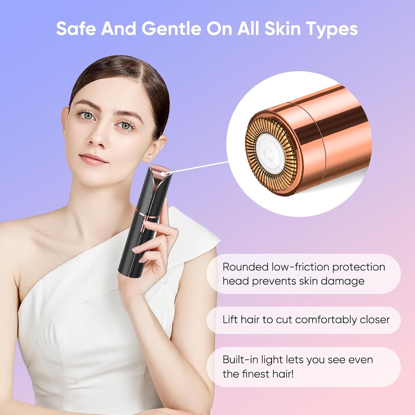 Facial Hair Remover for Women, Device, Remover Women Face, Finishing Touch Upper Lips, Chin & Cheeks, USB Rechargeable with LED LightIncluded Two Replacement Heads (Black)