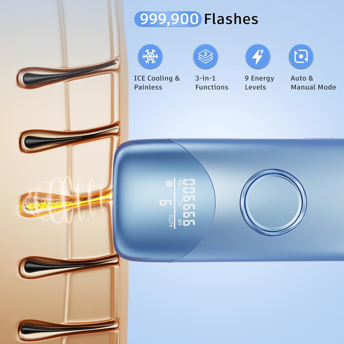 Laser Hair Removal Ubroo IPL Hair Removal Device with 5℃ Ice Cooling, 3 In 1 Painless Hair Removal For Women Men Permanent Face Body Beauty Care (Blue)