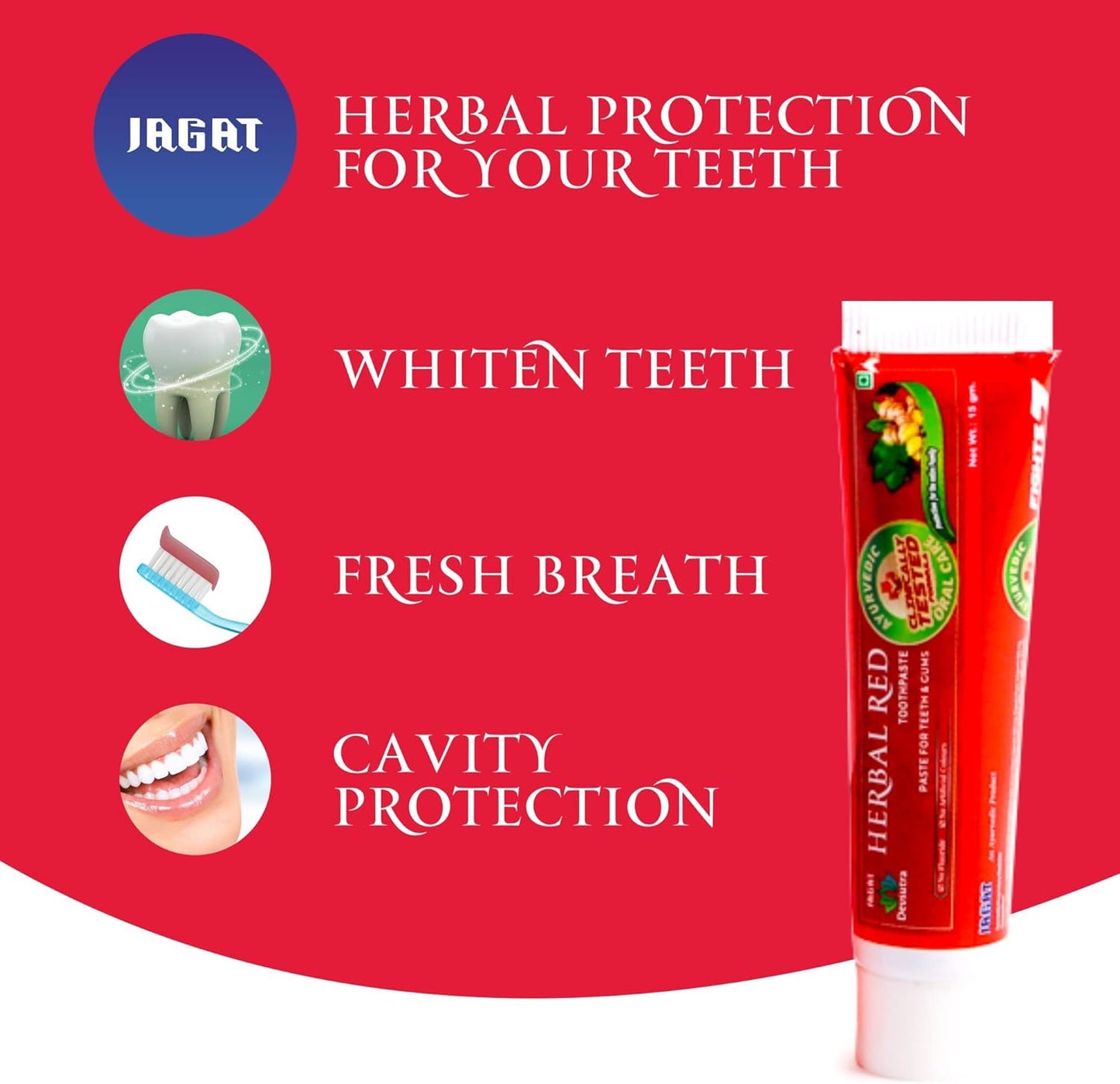 Jagat Herbal Red Toothpaste for Fresh Breathe, Doctor Recommended Natural Ayurvedic Toothpaste, Organic 100% Natural Teeth Whitening, Fluoride Free & Protects Gums, Vegan - Pack of 4