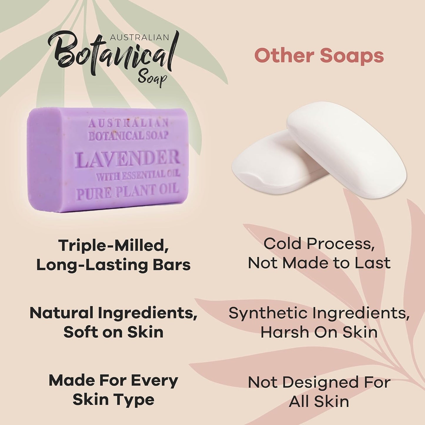 Australian Botanical Soap Lavender with Essential Oil 6.6 oz Luxury Soap Bars Enriched with Shea Butter, Pack of 4, Packaging May Vary