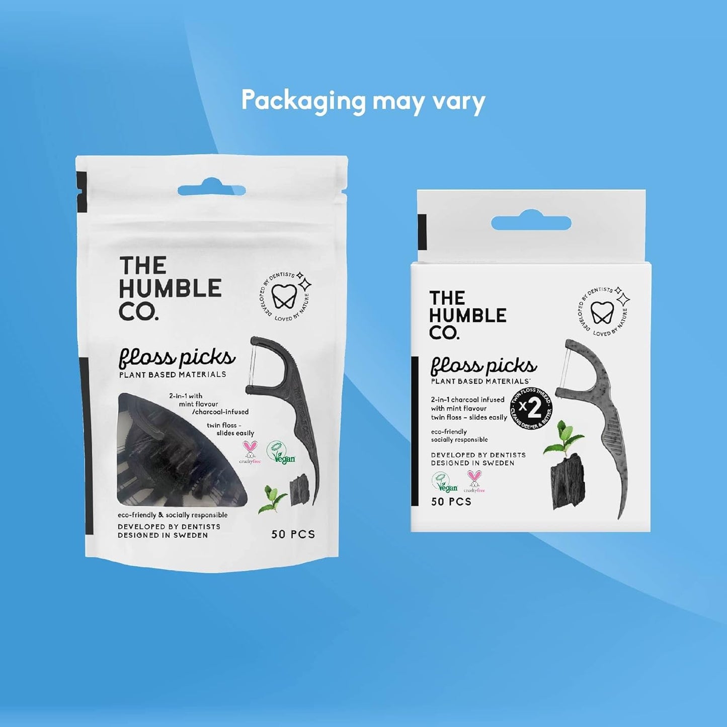 The Humble Co. Floss Picks (200 Count) – Plant Based Dental Floss Picks for Superior Oral Care, Dental Hygiene, and Gum Health, Cruelty Free Tooth Floss Picks (Charcoal, Double Thread)